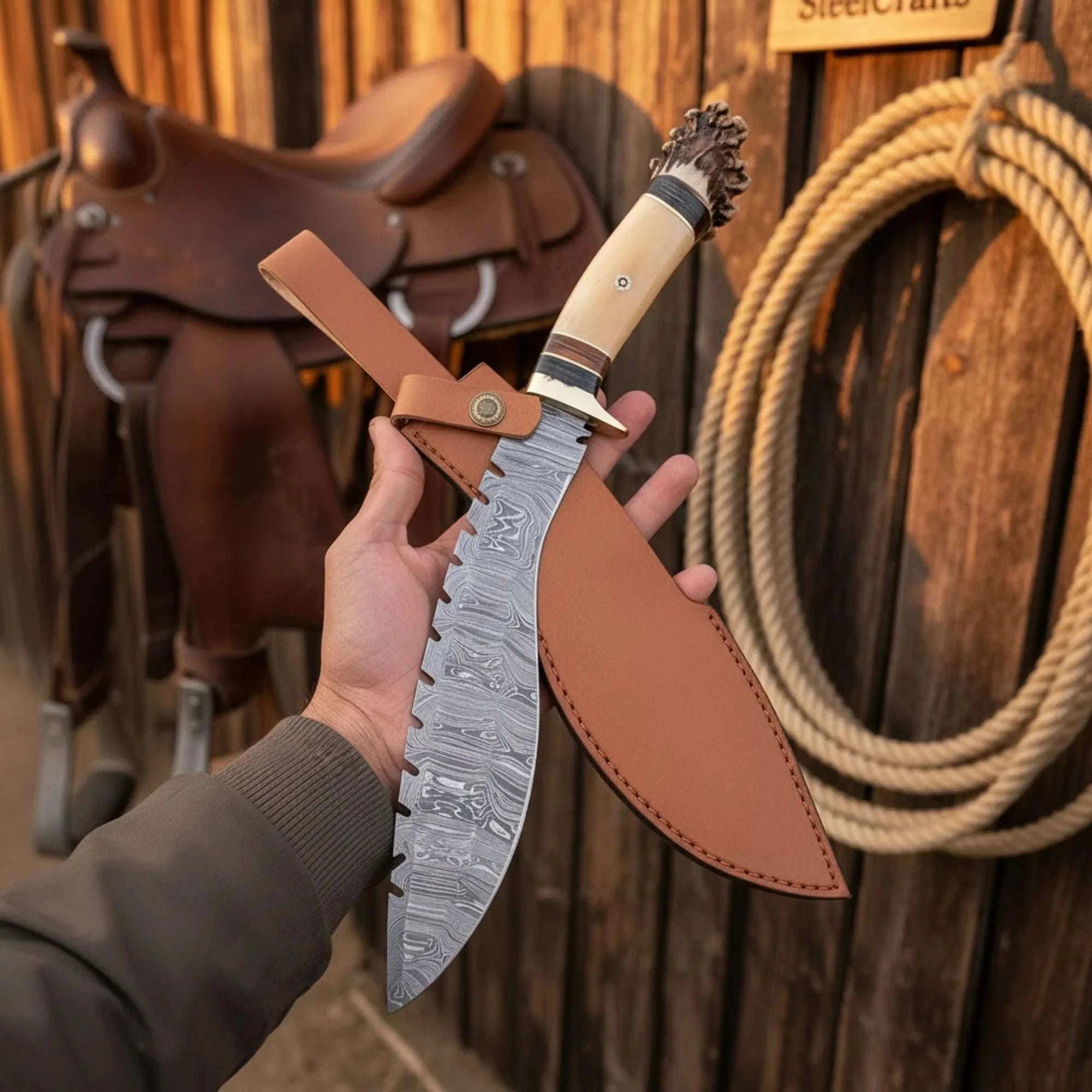 Palmarius Outdoors Crown Stag Tracker Gurkha Kukri with Camel Bone Handle Kukri Knife