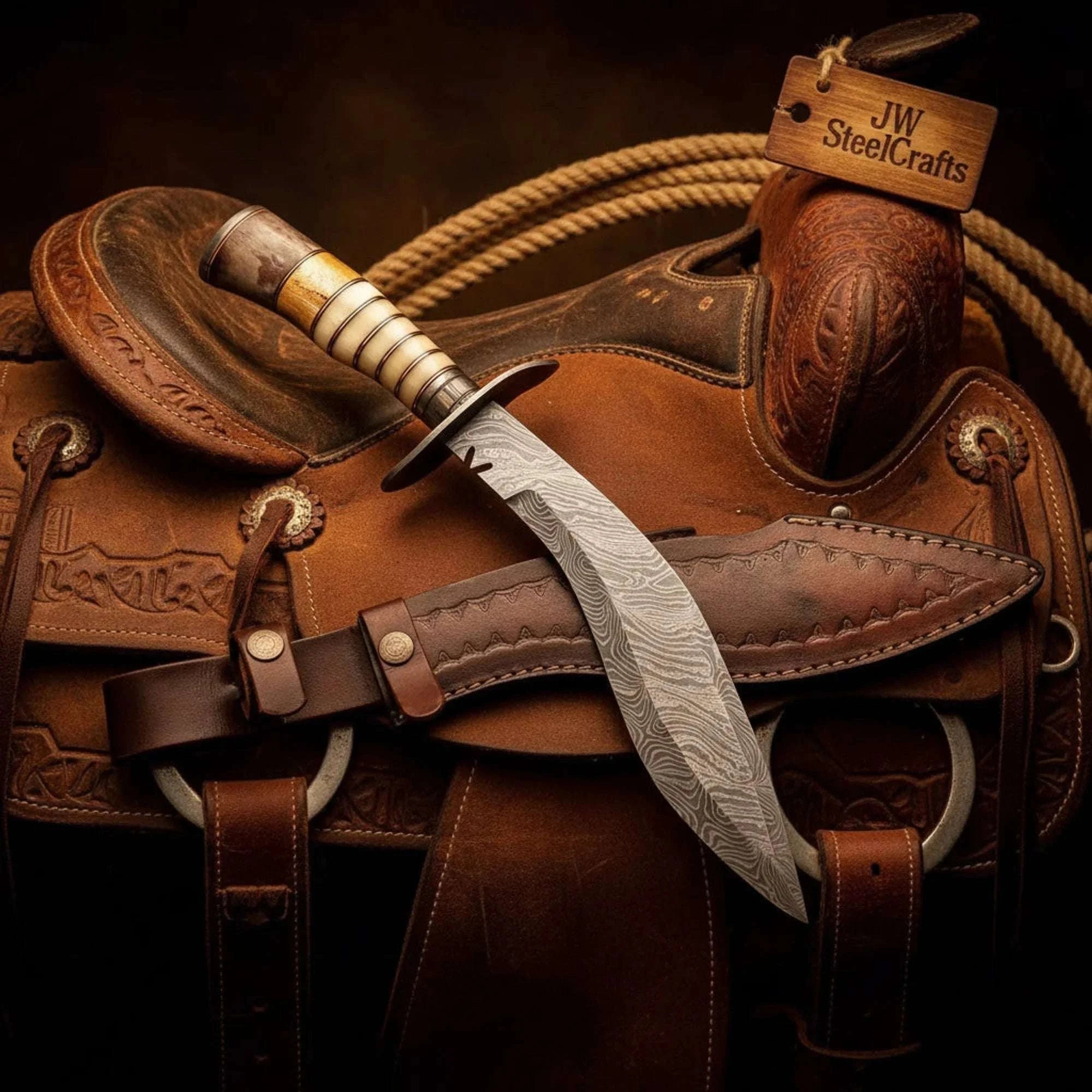 Palmarius Outdoors Handmade Damascus Rawhide Kukri Knife 10" Blade with Bone Handle Kukri Knife