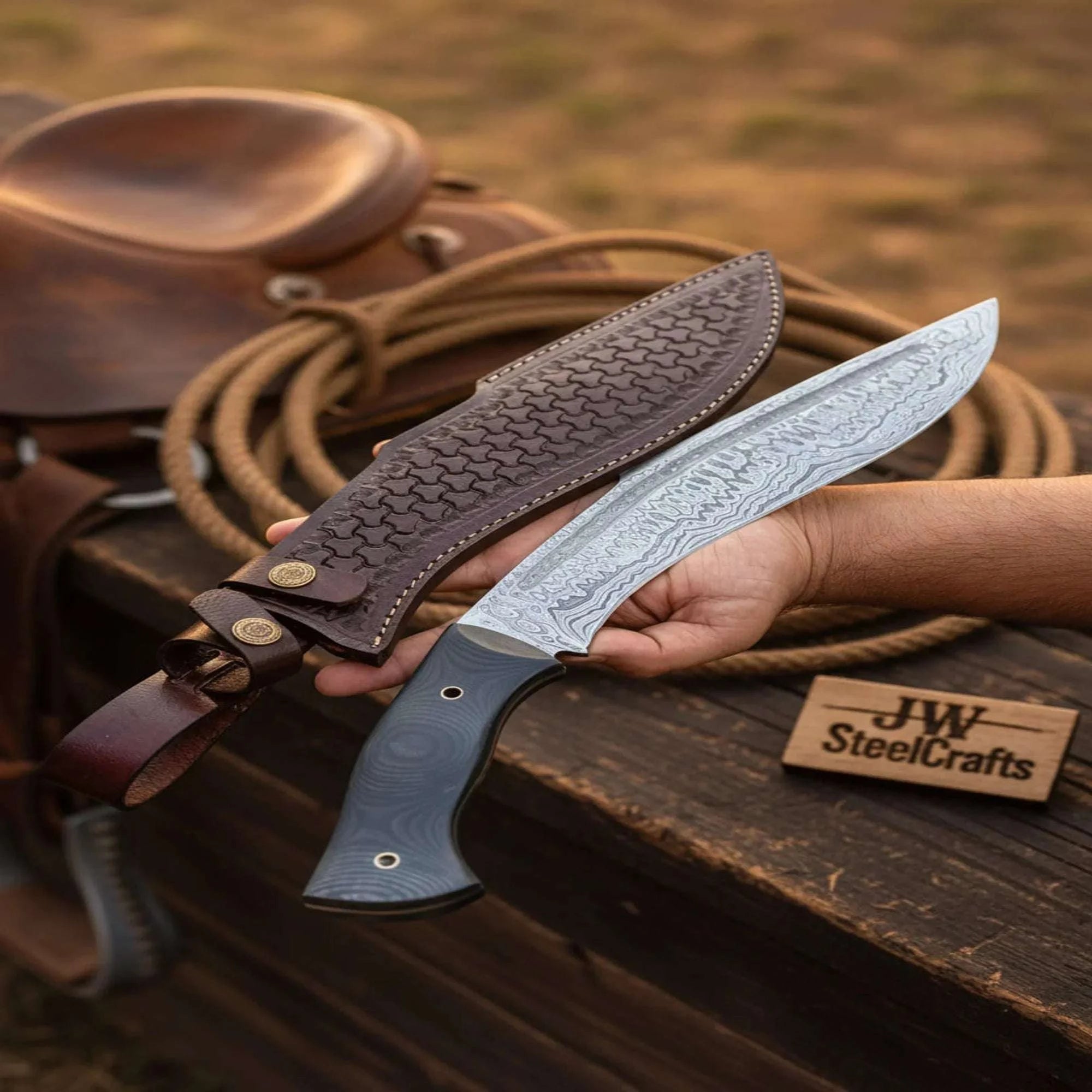 Palmarius Outdoors Damascus Rugged Kukri Machete Black Micarta Handle Full Tang Survival Machete 15" 