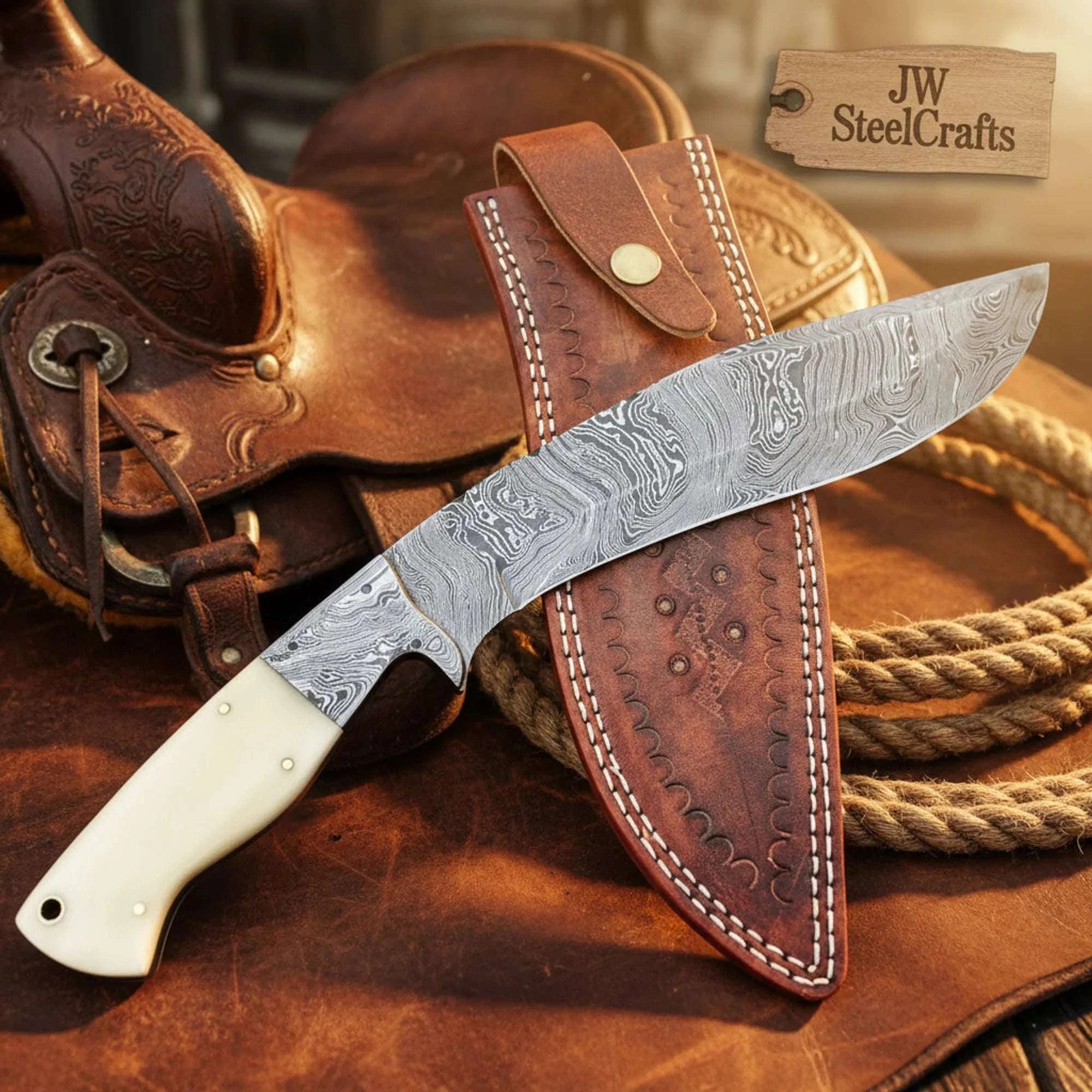 Palmarius Outdoors Whitehorn Damascus Kukri Knife 9" Camel Bone Handle with Matching Damascus Bolster Kukri Knife