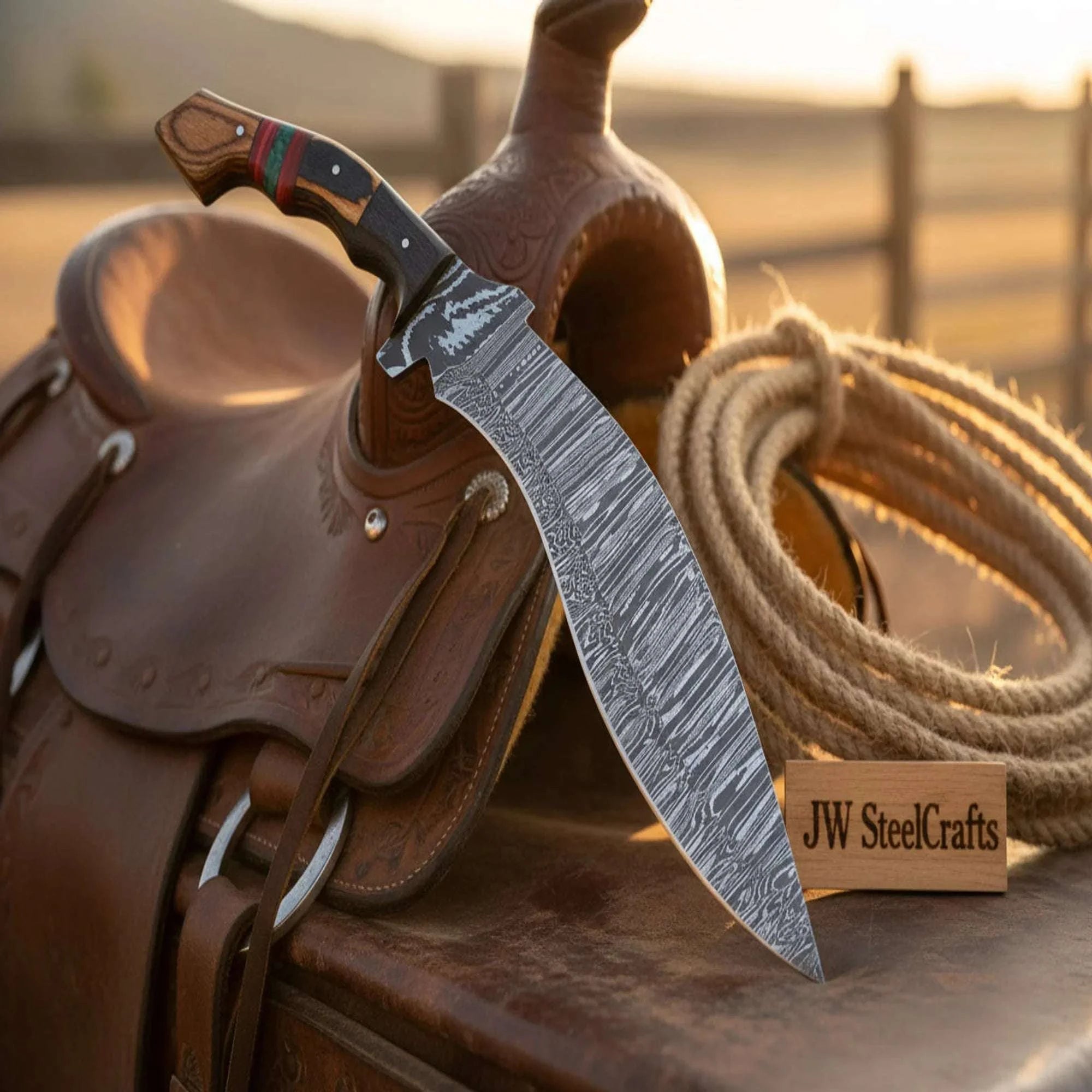 Palmarius Outdoors Saddle Ridge Damascus Kukri 15" Natural Wood Black Resin Handle Gurkha Survival Chopper Kukri Knife