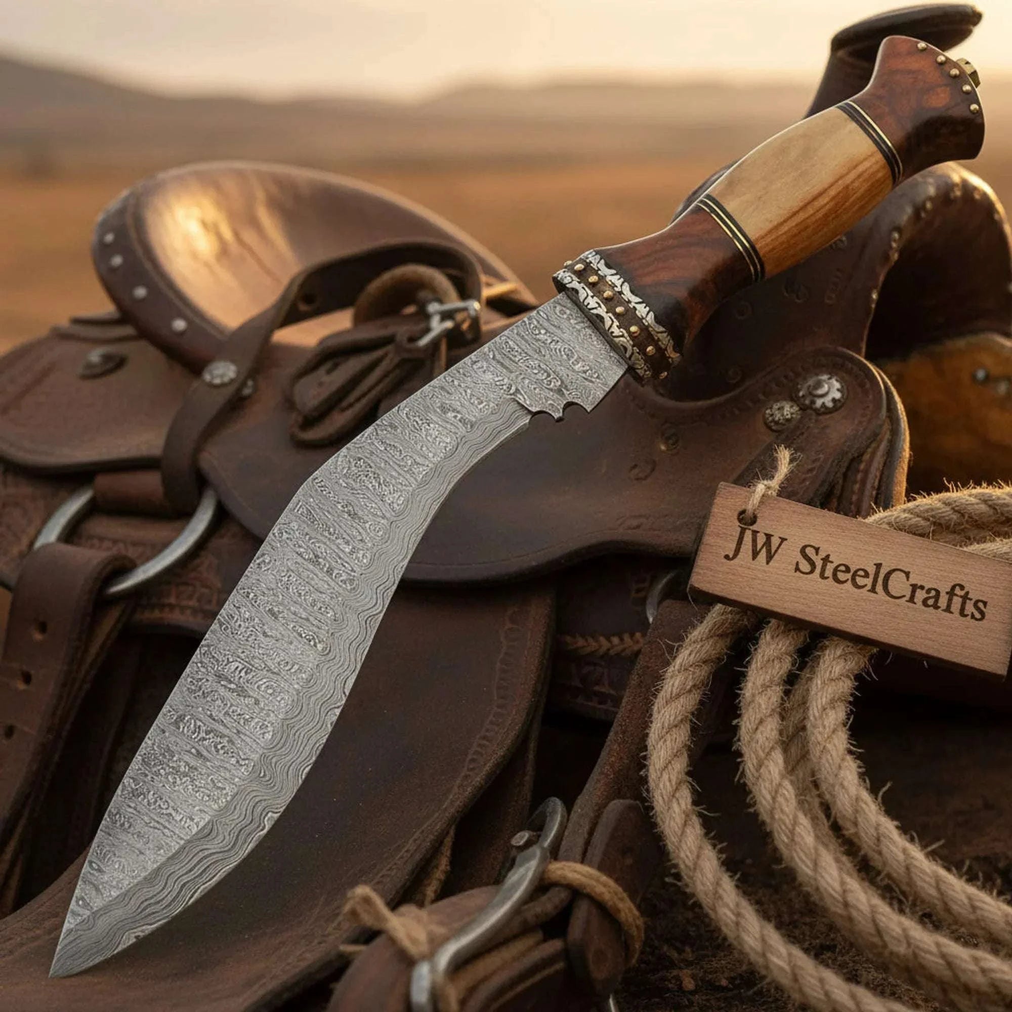 Palmarius Outdoors Damascus Machete Kukri Knife with Olive and Tali Wood Handle Kukri Knife