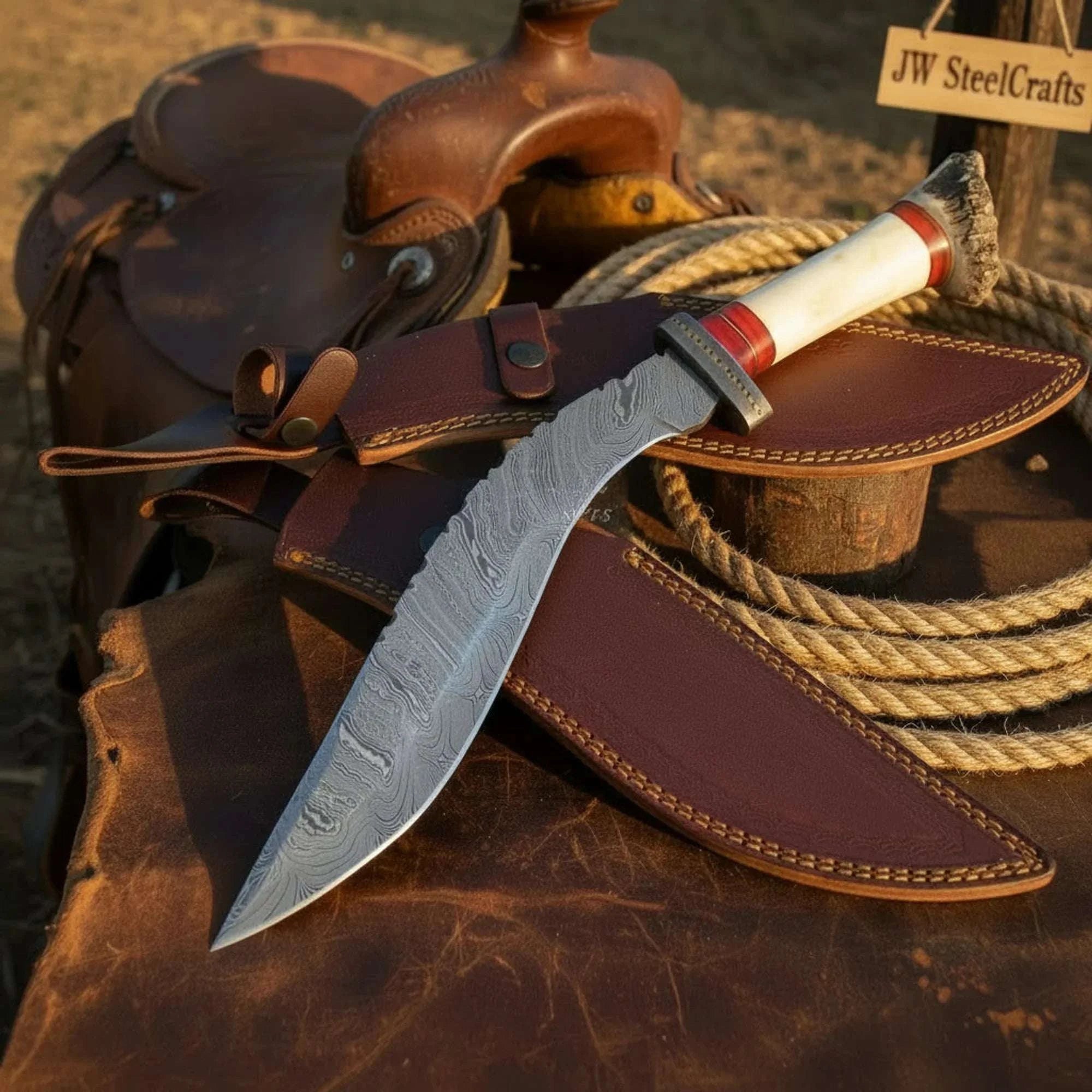 Palmarius Outdoors Tundra Ridge Damascus Kukri – Hand-Forged Stag & Bone Hunting Knife by Shard Blade 