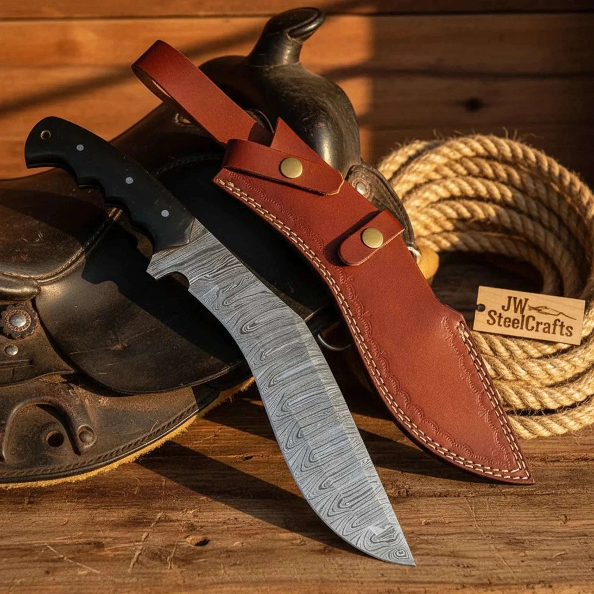 Palmarius Outdoors Moorhaus Damascus Kukri Black Resin Handle Full Tang Chopper Leather Sheath 15" 