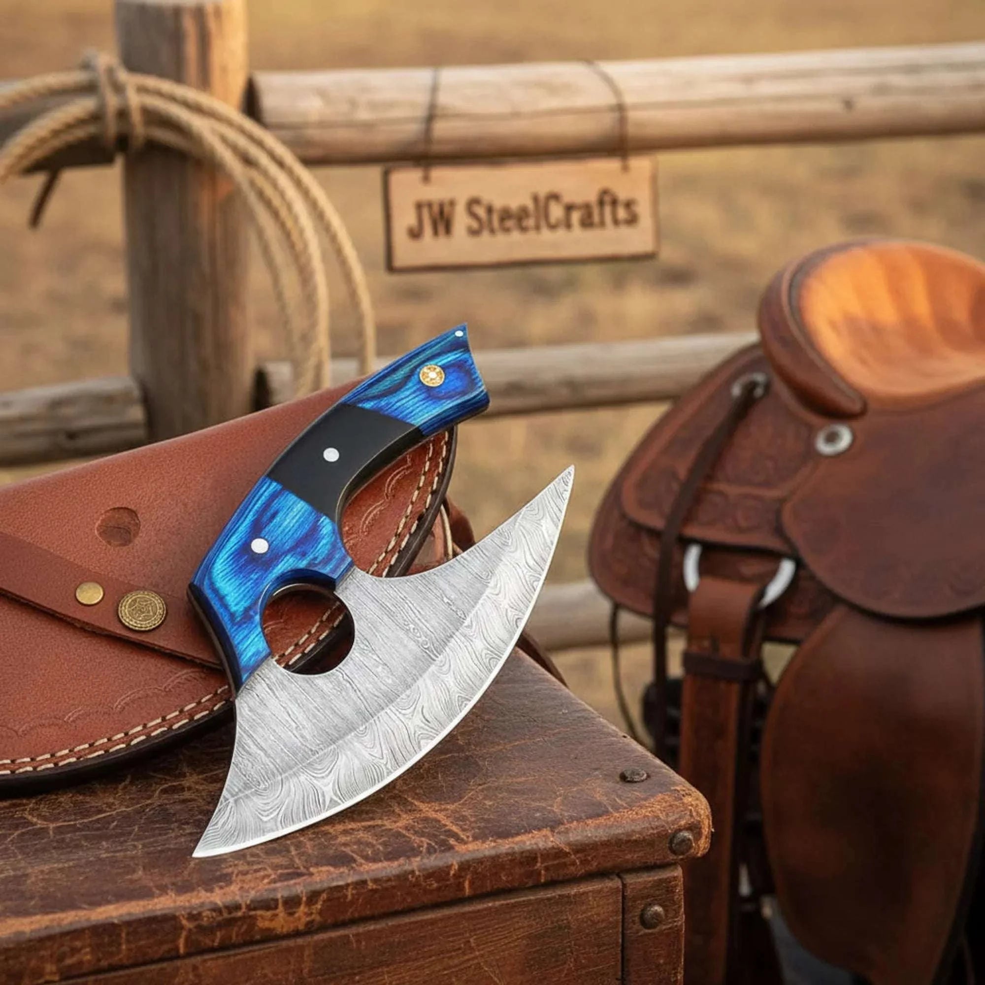 Palmarius Outdoors Damascus Steel Ulu Knife 5" Blue Pakka Wood & Micarta Handle 