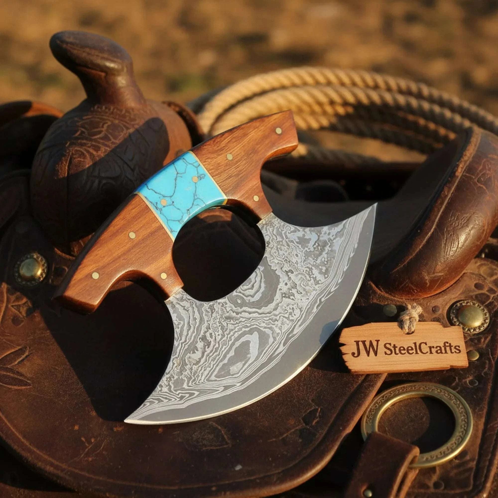 Palmarius Outdoors Damascus Push Dagger Ulu knife 4" Rosewood Turquoise Handle Kitchen Chopper Pizza Cutter 