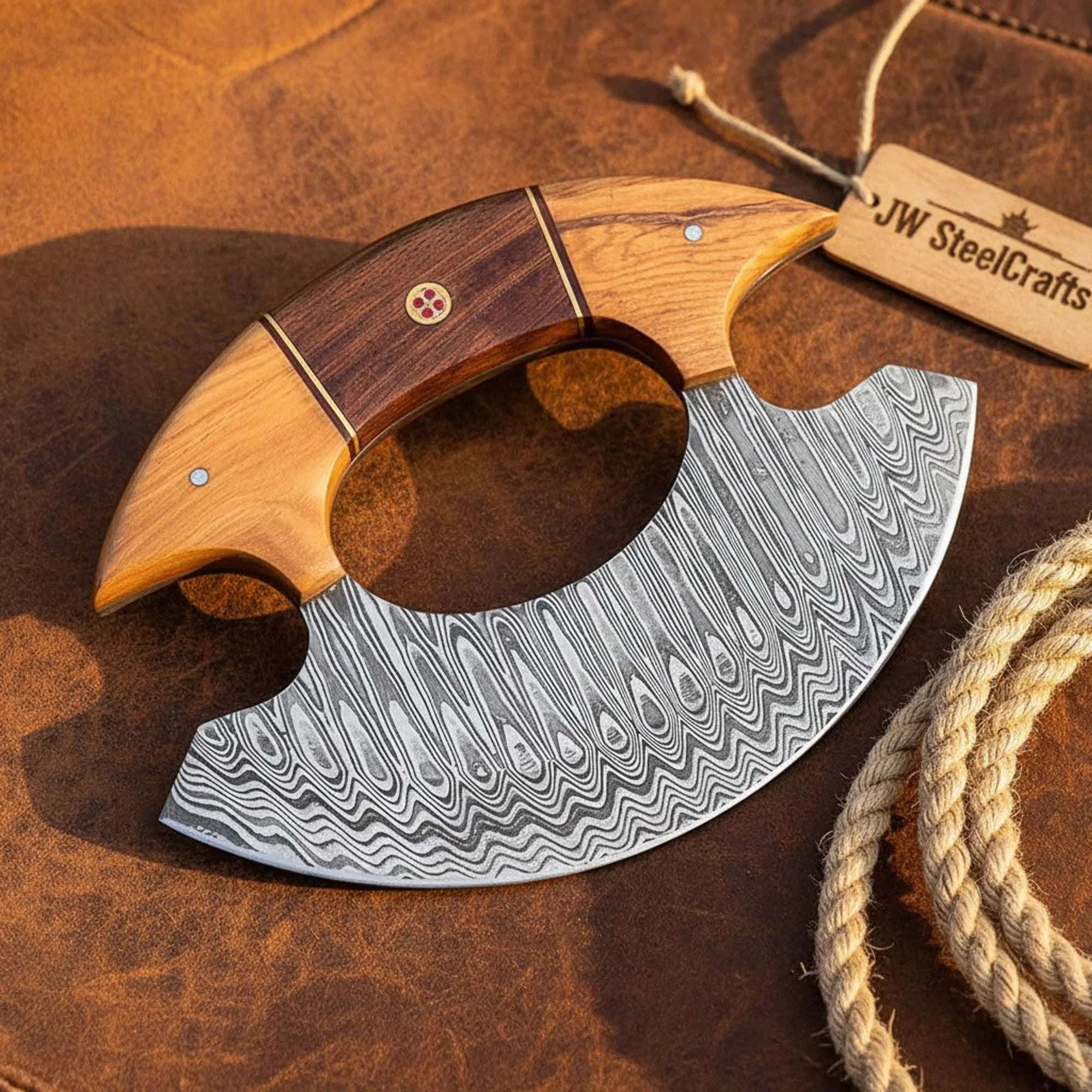 Palmarius Outdoors Arctic Rocker Ulu Knife – Hand-Forged Damascus Blade with Multi-Wood Handle for Effortless Chopping 