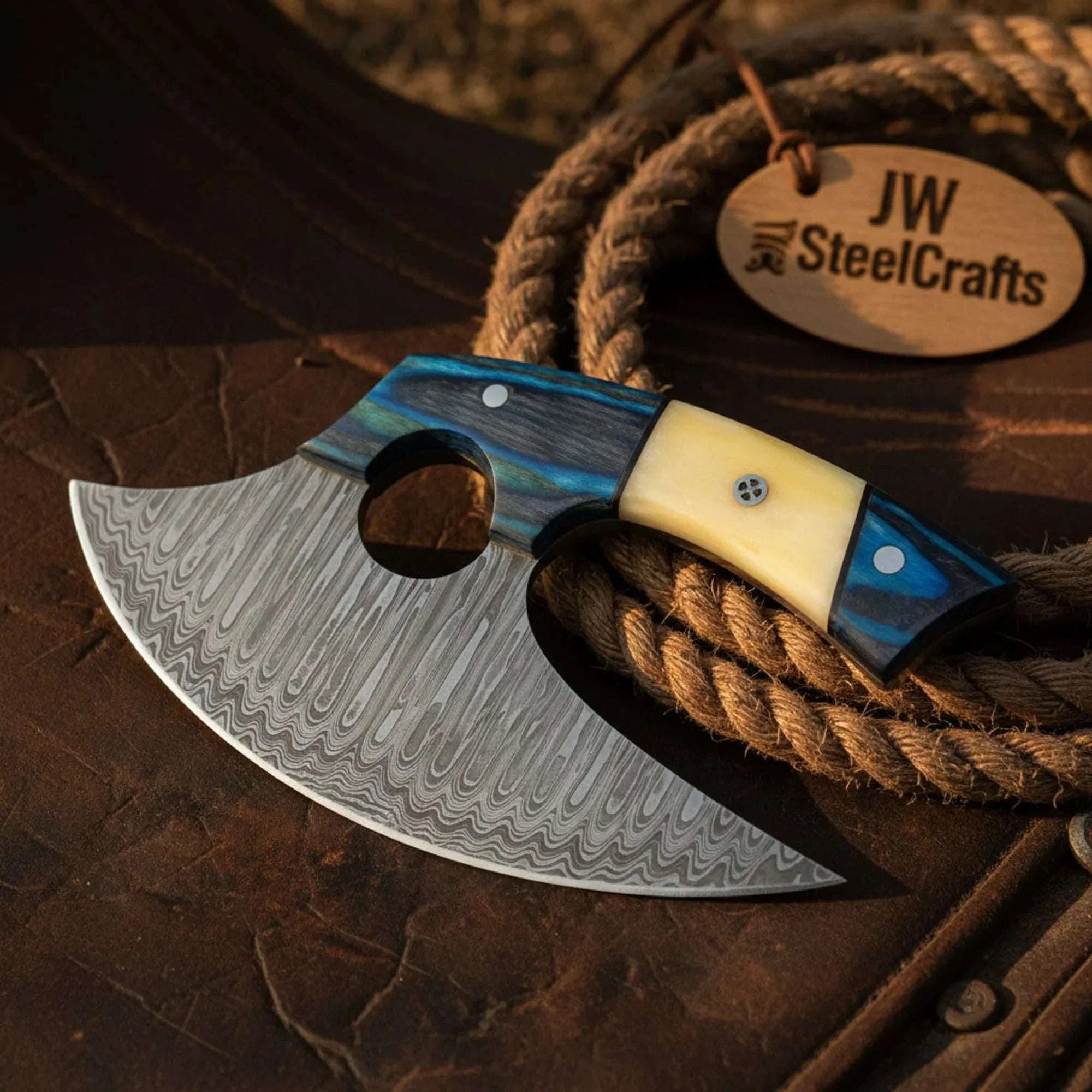 Palmarius Outdoors Damascus Alaskan Bearded Axe Damascus Blade Camel Bone Blue Pakka Wood Handle Pizza Cutter 