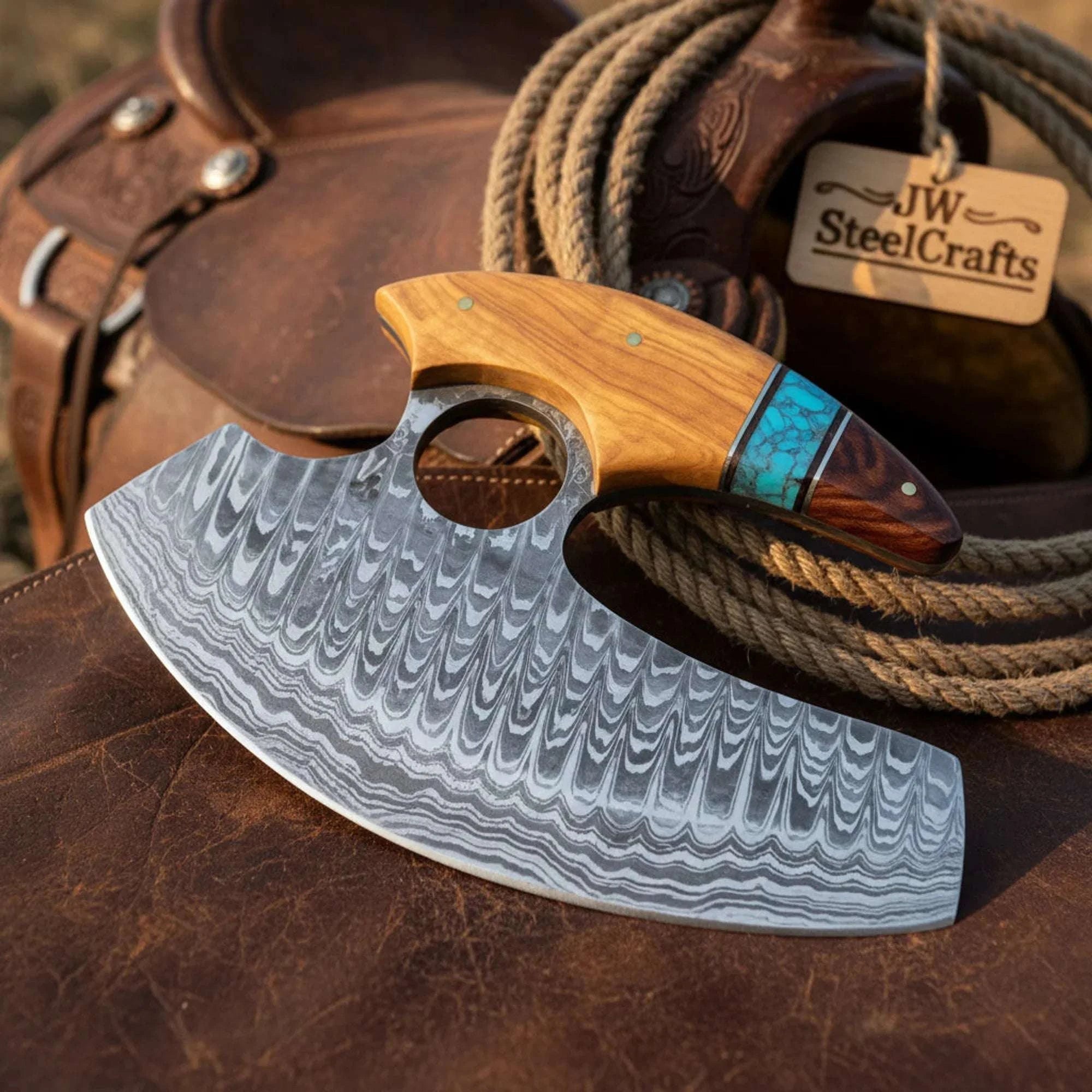 Palmarius Outdoors Alaskan Rocker Knife with Olive Wood Turquoise and Rosewood Handle Ulu knife