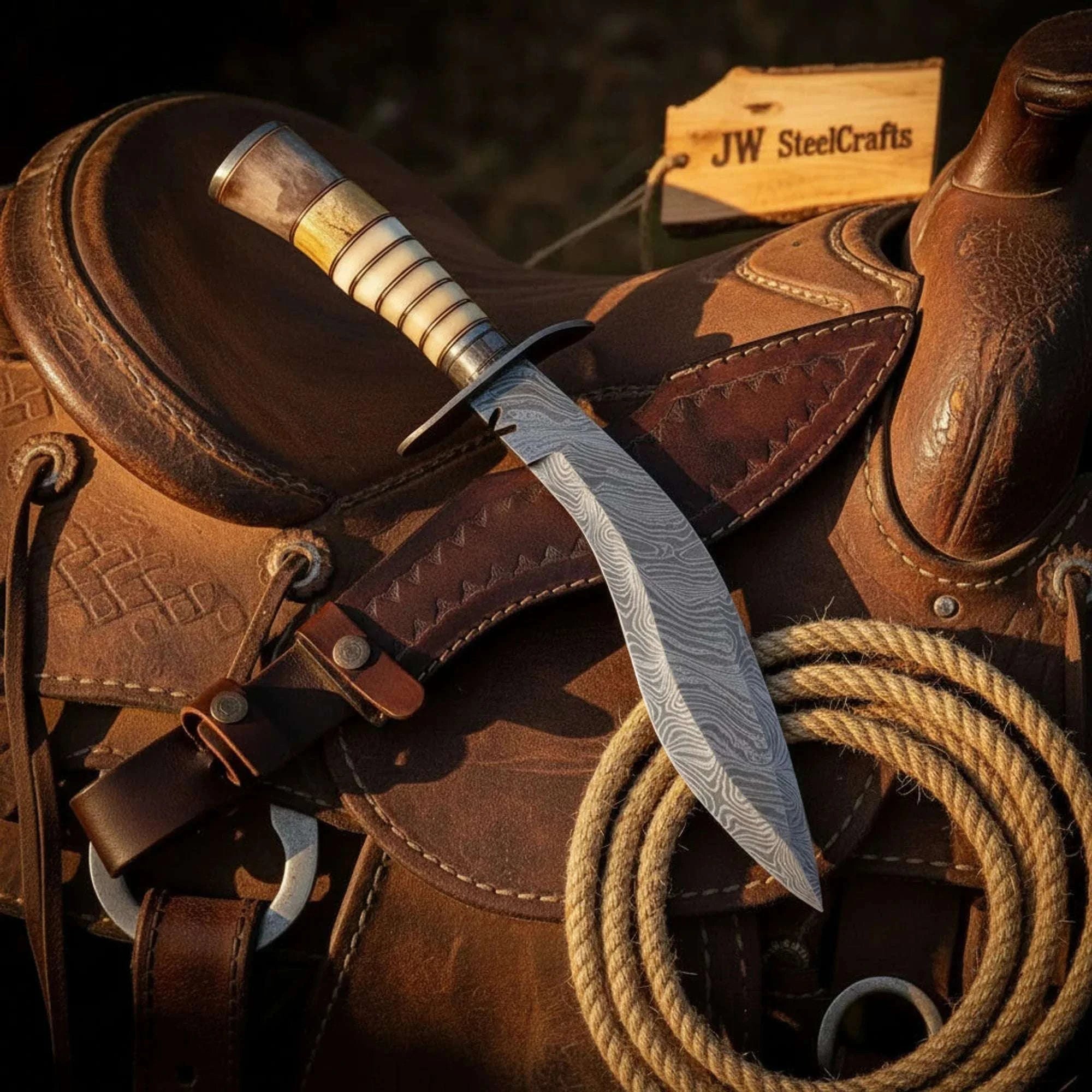 Palmarius Outdoors Damascus Kukri Bowie Knife 15" Bone Handle 