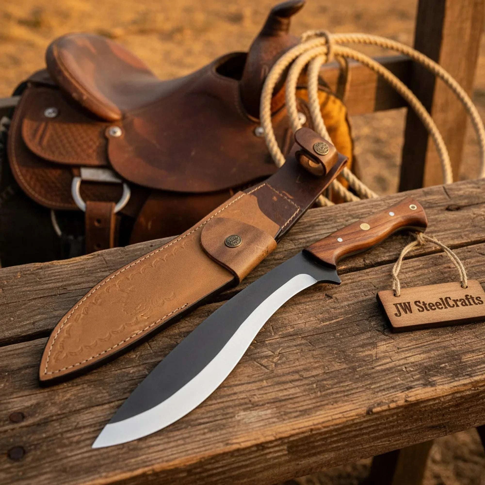 Palmarius Outdoors Hand-Forged Carbon Steel Kukri Knife 14" Walnut Wood & Leather Sheath 