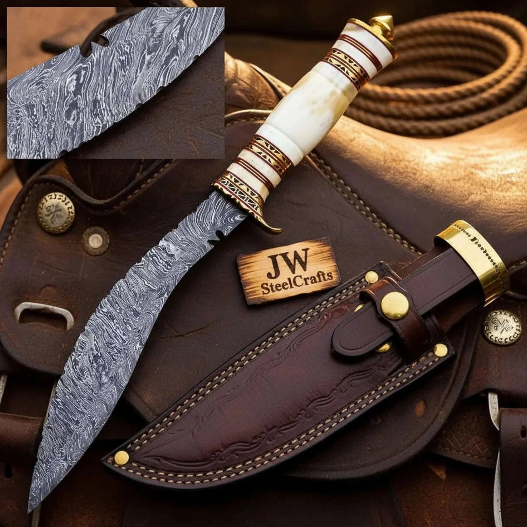 Palmarius Outdoors Handmade Damascus Steel Bowie Knife, Camel Bone Handle, Brass Pommel, 15" Full Tang 
