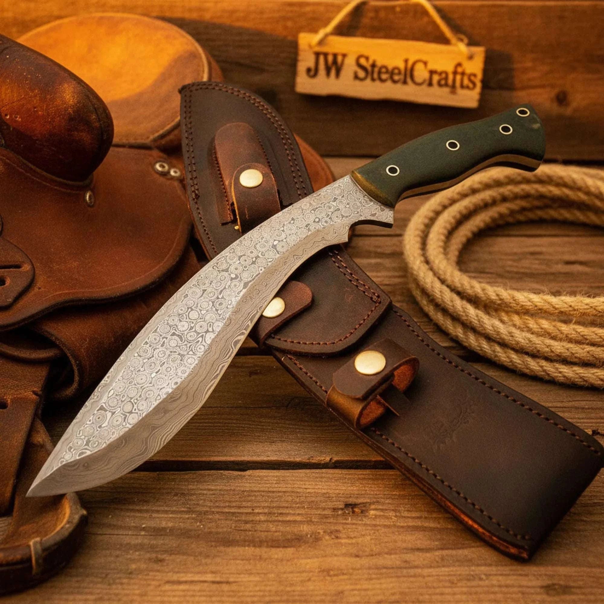 Palmarius Outdoors Damascus Serrated Kukri Knife 9" Green Micarta Handle Full Tang High Carbon Bushcraft Kukri Knife