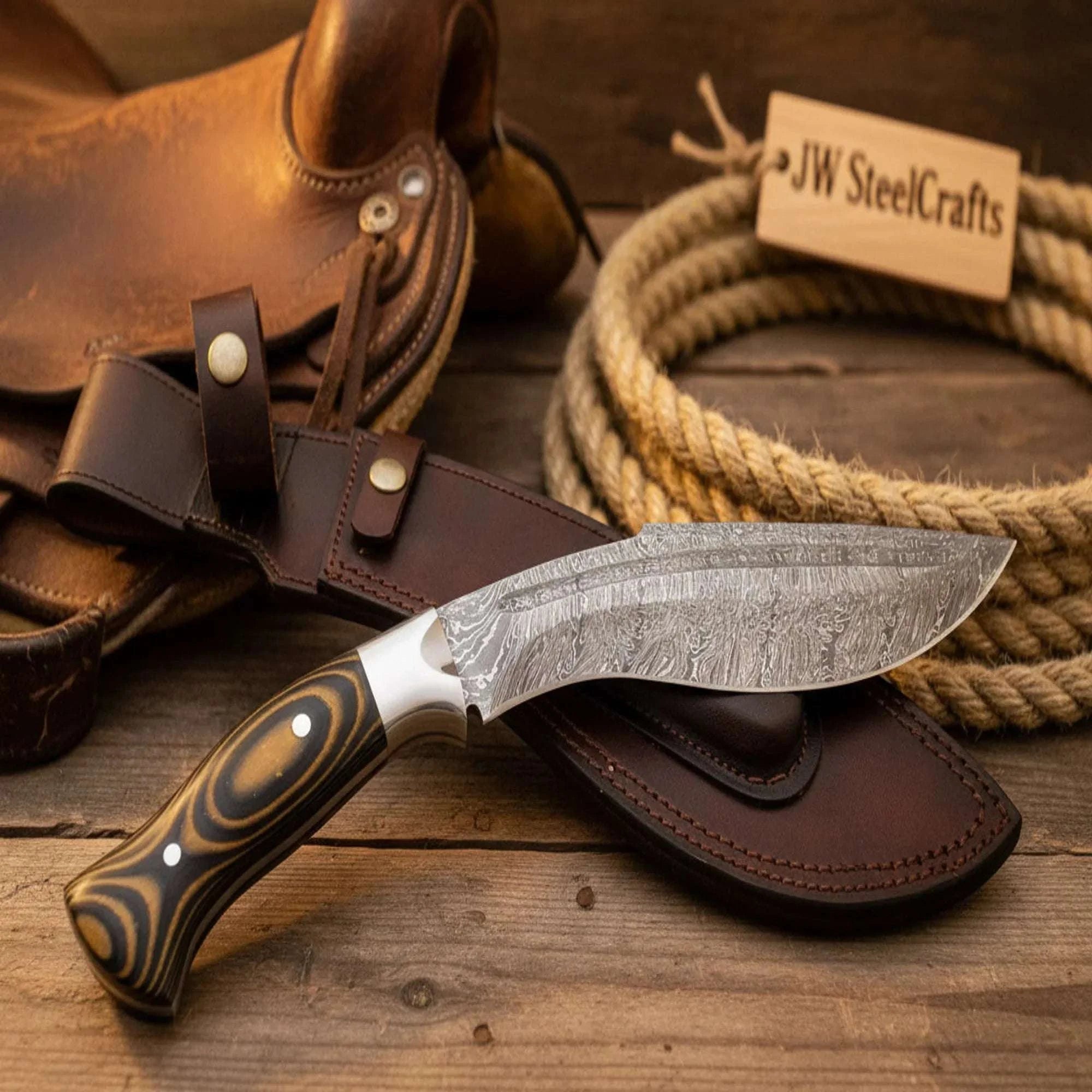 Palmarius Outdoors Damascus Tracker-Kukri Hybrid with Micarta Handle and Steel Bolster Kukri Knife