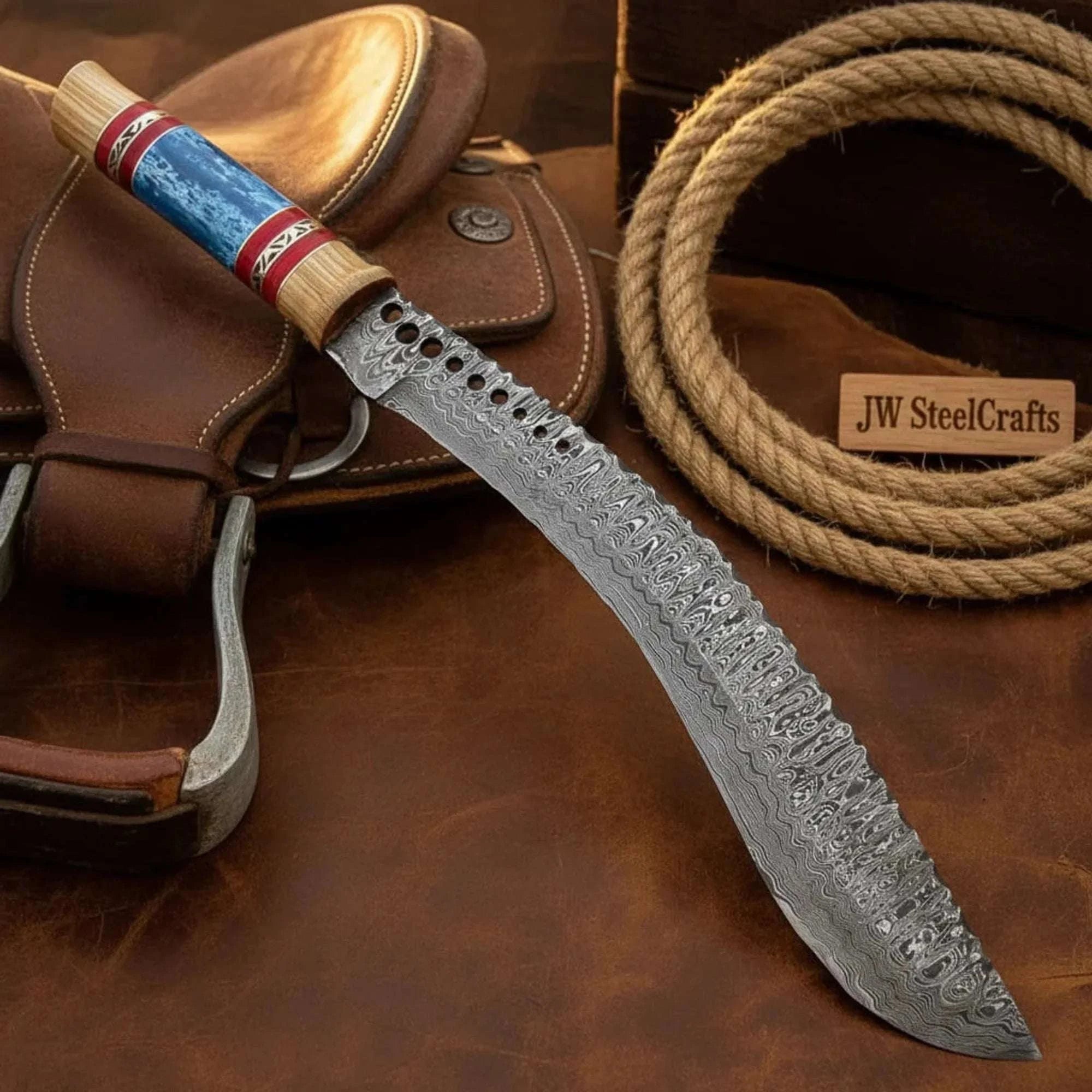 Palmarius Outdoors Damascus Sawback Kukri Machete Knife Blue Bone & Olive Wood Handle, 15" Kukri Knife