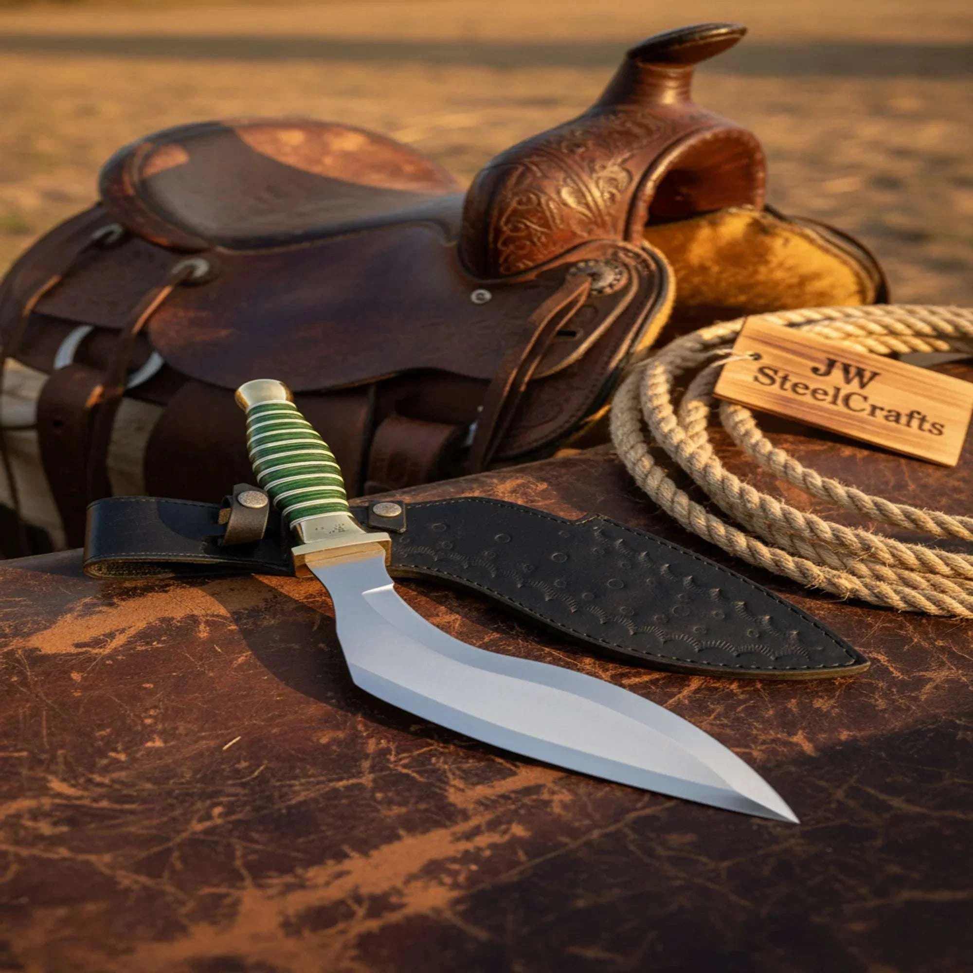 Palmarius Outdoors Custom D2 Hunting Kukri – Hand-Forged Tool Steel Recurve Blade with Leather Sheath 