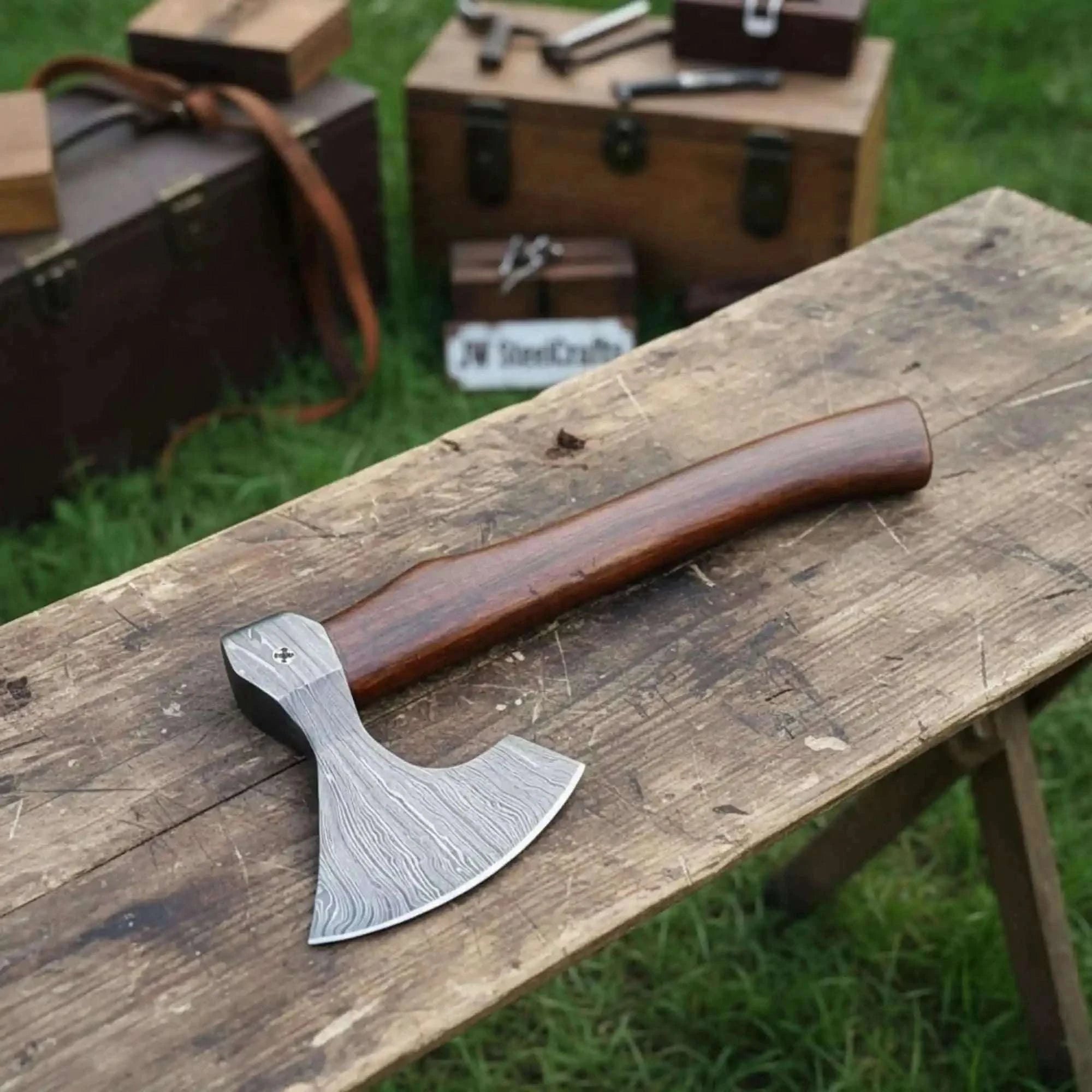 Palmarius Outdoors Damascus Wood Grain Hatchet with Bold Linear Forged Head Handmade Axe