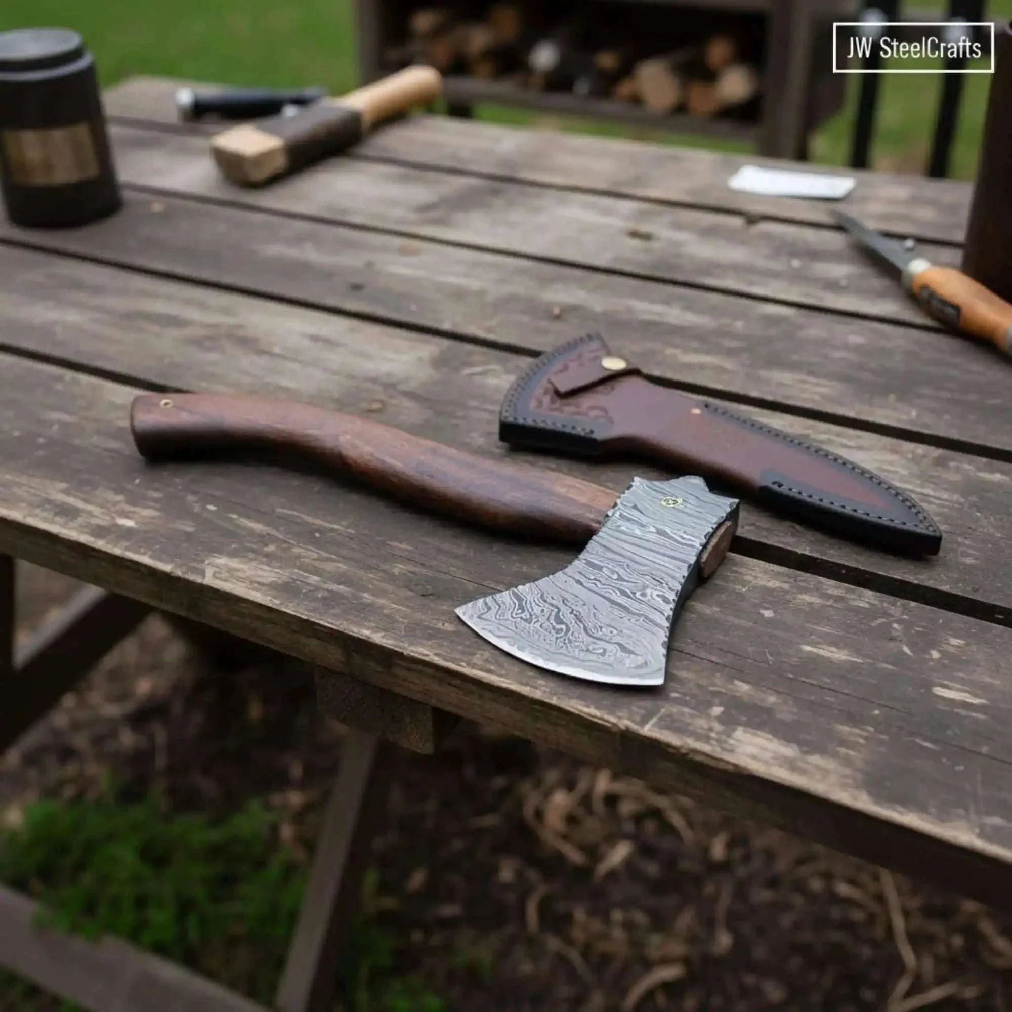 Palmarius Outdoors Hand Forged Damascus Bearded Camp Axe | Curved Hardwood Handle | JW SteelCrafts Handmade Axe