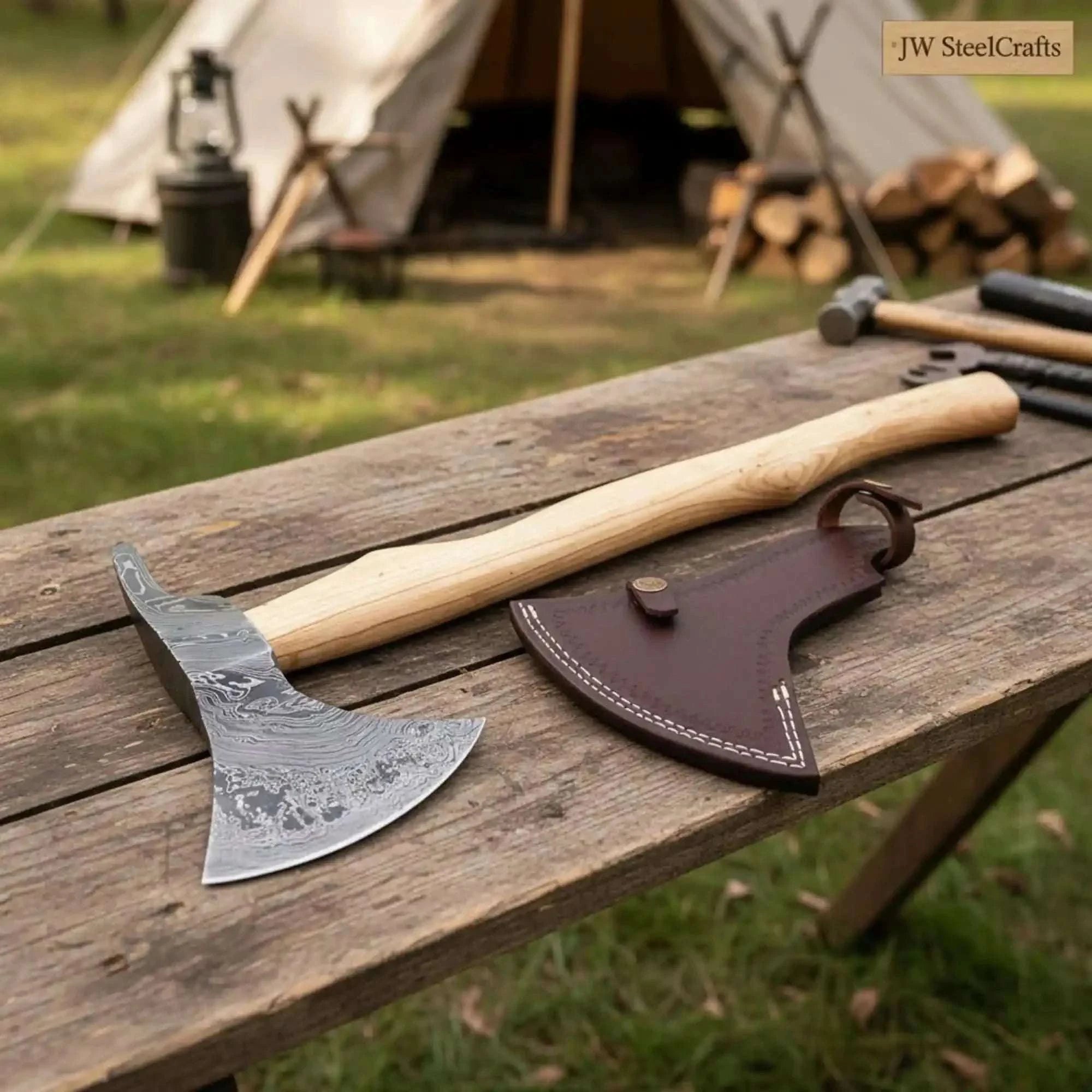 Palmarius Outdoors Nordic Camp Hatchet, Pattern-Welded Steel Head and Light Ash Hardwood Handle Handmade Axe