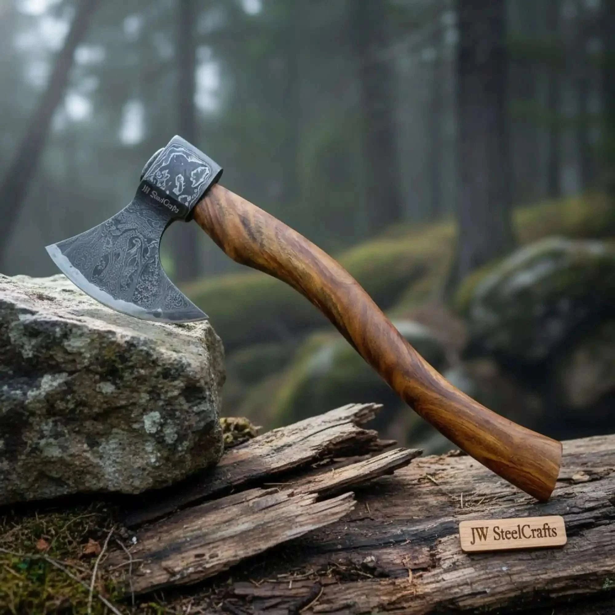 Palmarius Outdoors Nordic Damascus Camp Hatchet with Ergonomic Curved Hardwood Handle Handmade Axe