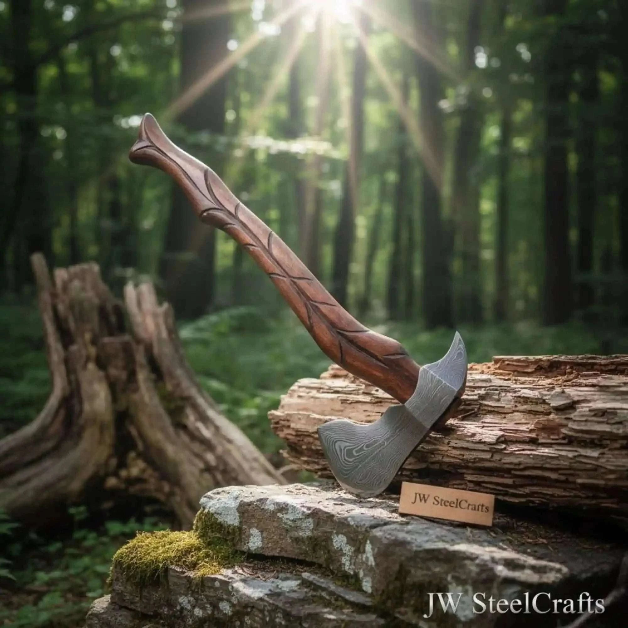 Palmarius Outdoors Hand-Forged Damascus Viking Axe – Carved Hardwood Handle | Bushcraft, Camping & Display Collectible Handmade Axe