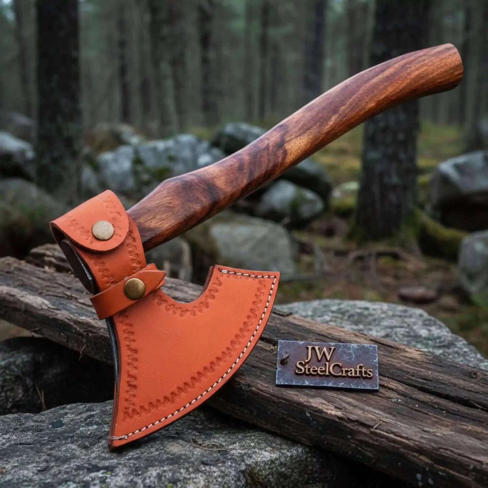 Palmarius Outdoors Pattern-Welded Damascus Viking Bearded Axe with Curved Rosewood Handle Handmade Axe