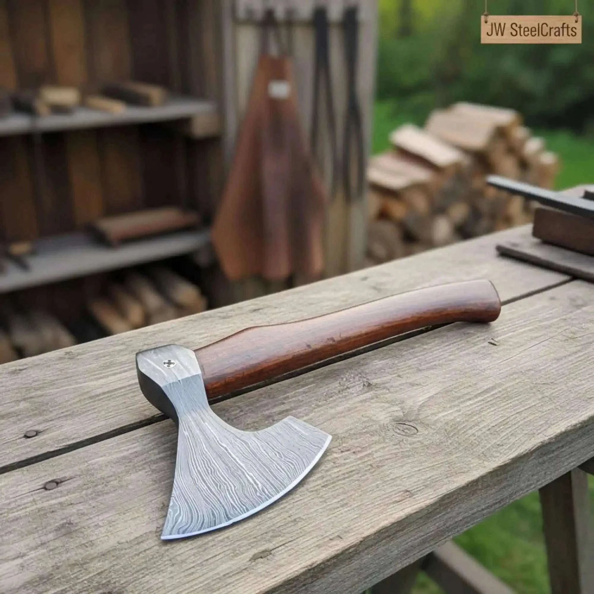 Palmarius Outdoors Damascus Wood Grain Hatchet with Bold Linear Forged Head Handmade Axe