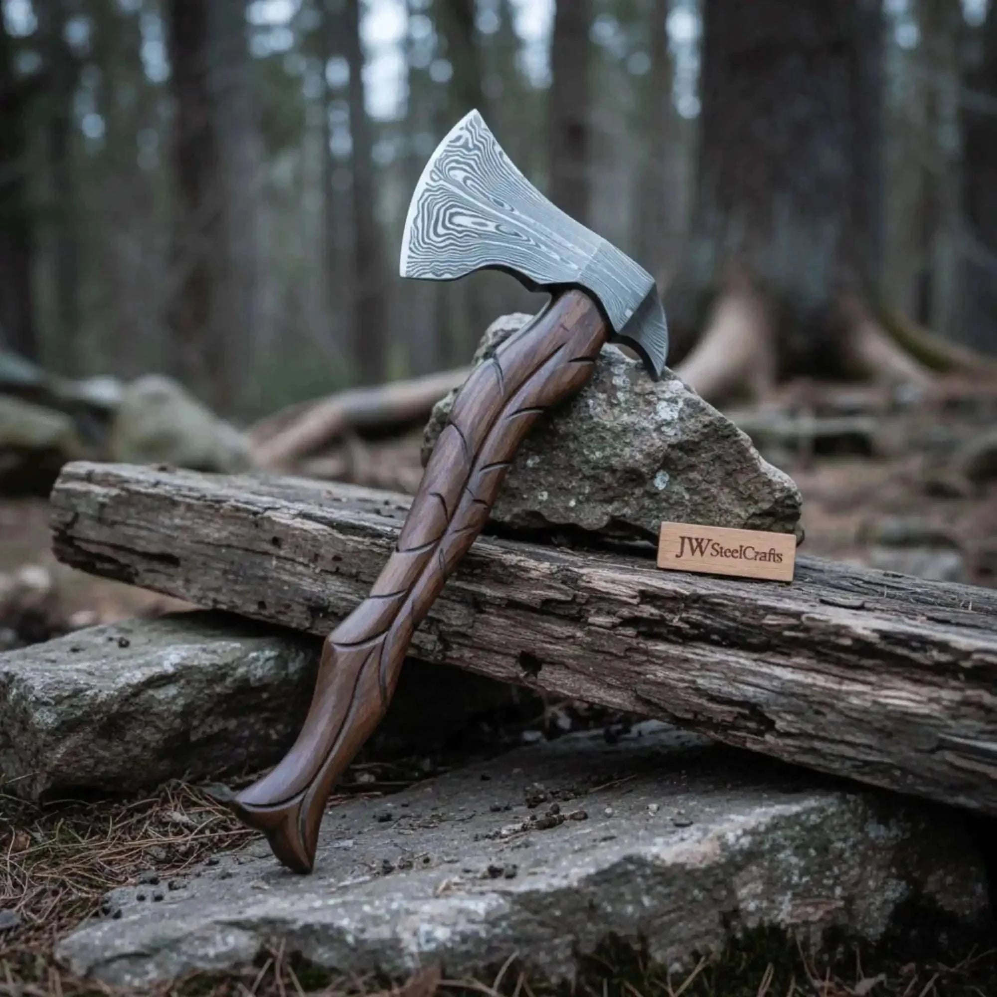 Palmarius Outdoors Hand-Forged Damascus Viking Axe – Carved Hardwood Handle | Bushcraft, Camping & Display Collectible Handmade Axe