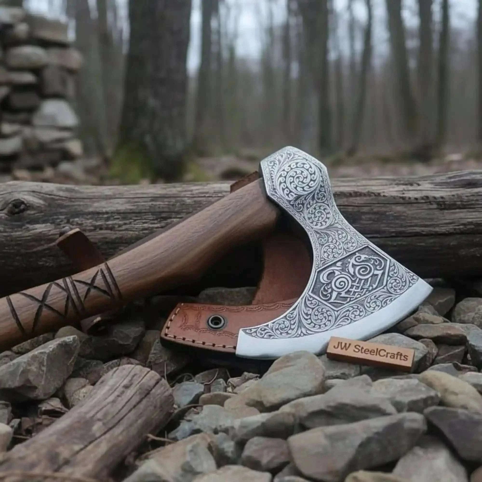 Palmarius Outdoors Norse Pattern Acid Etched Bushcraft Belt Viking Bearded Axe with Leather Carry Sheath Handmade Axe