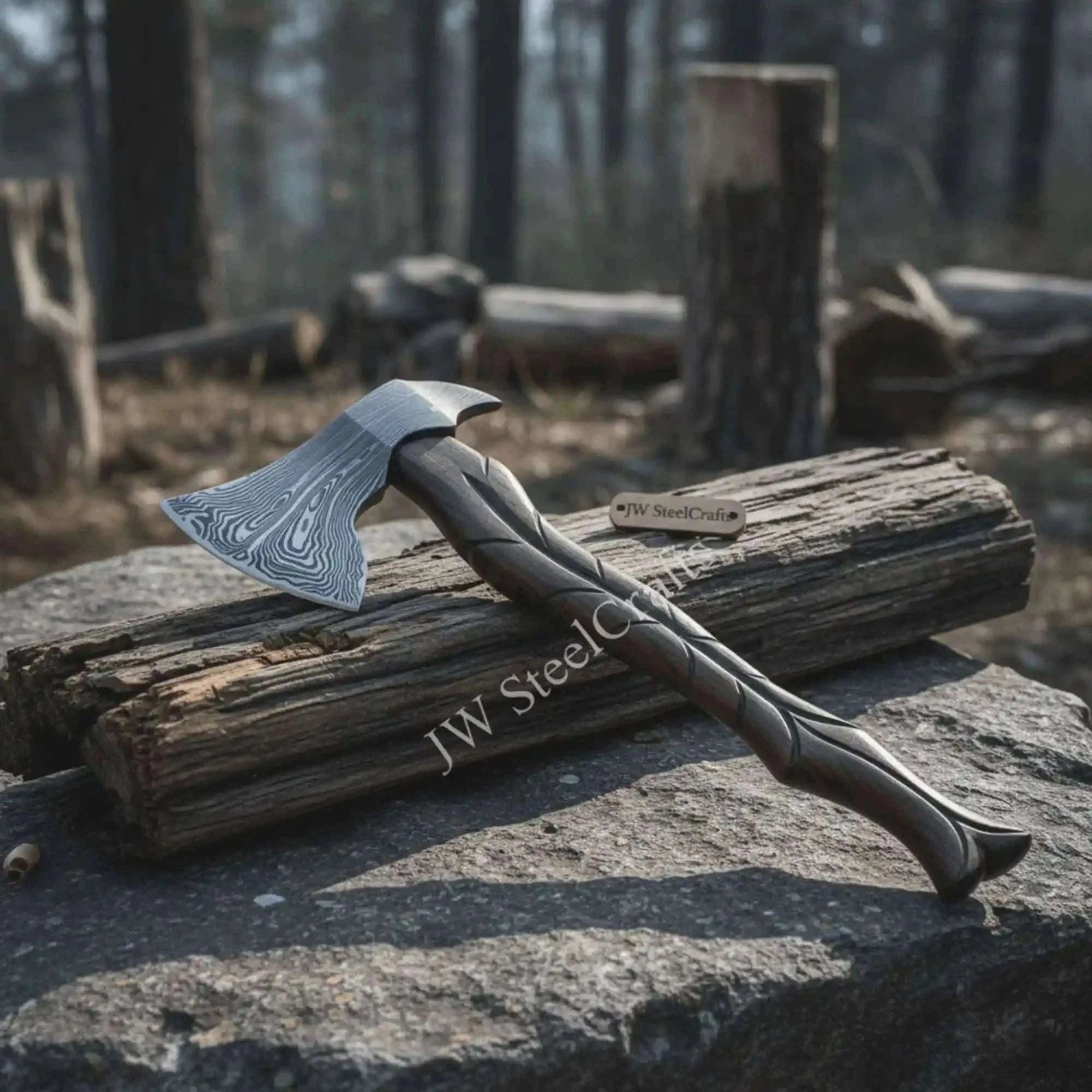 Palmarius Outdoors Hand-Forged Damascus Viking Axe – Carved Hardwood Handle | Bushcraft, Camping & Display Collectible Handmade Axe