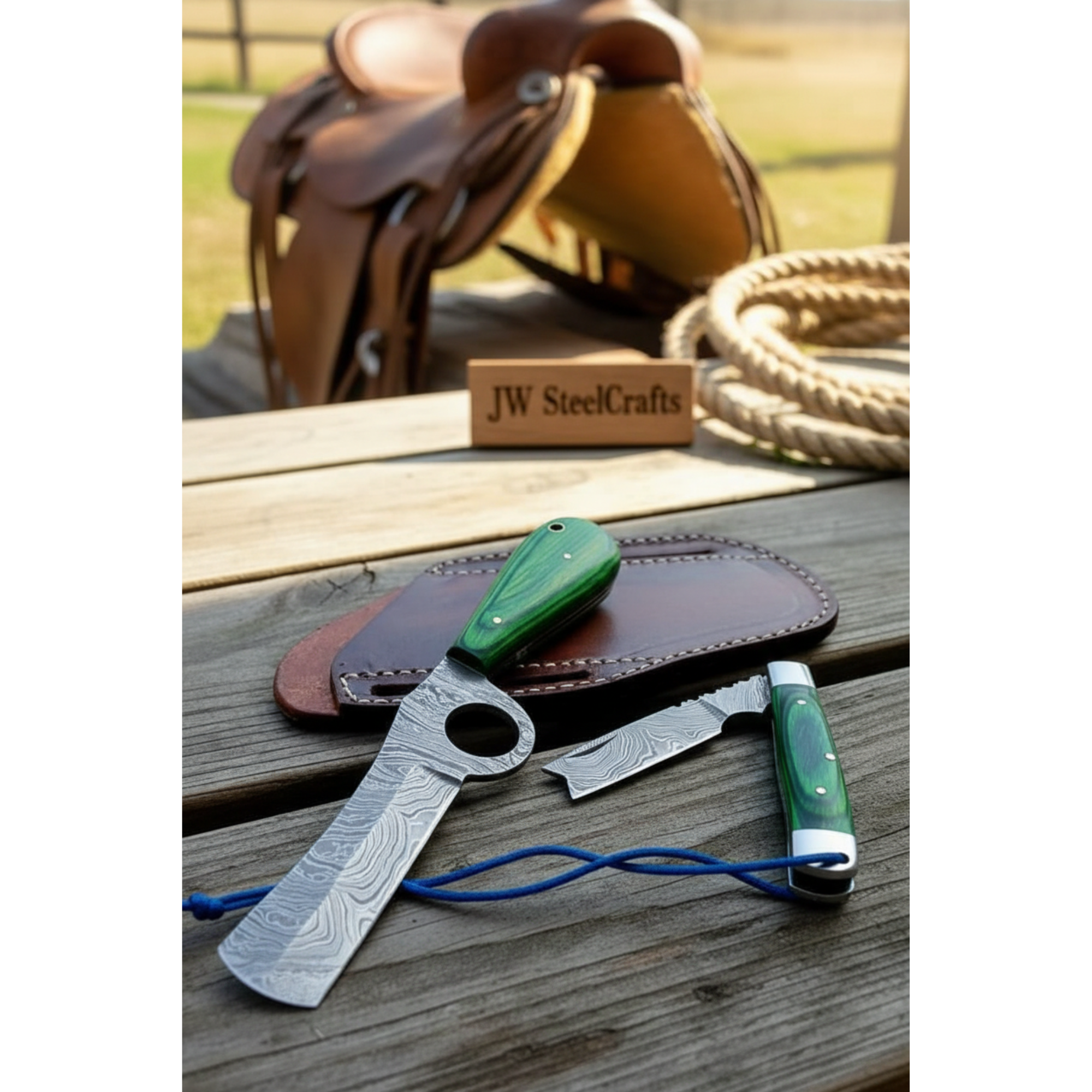 Palmarius Outdoors Ring Fang Bull Cutter Knife 7" Handmade Damascus Green Resin Handle Bull Cutter Knives Set