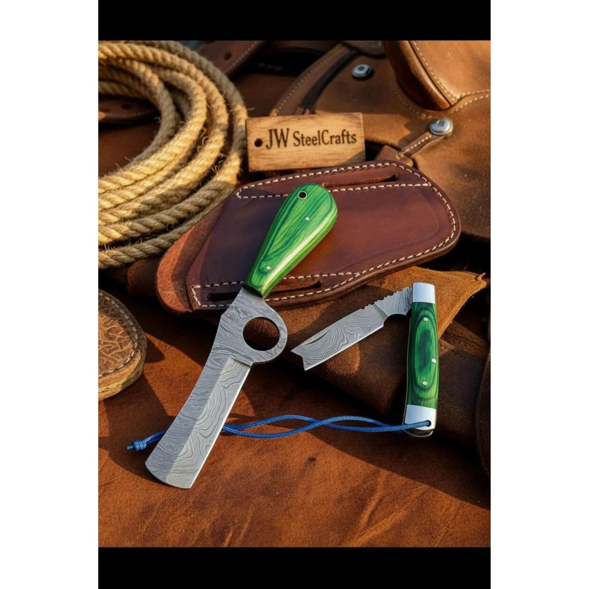 Palmarius Outdoors Ring Fang Bull Cutter Knife 7" Handmade Damascus Green Resin Handle Bull Cutter Knives Set