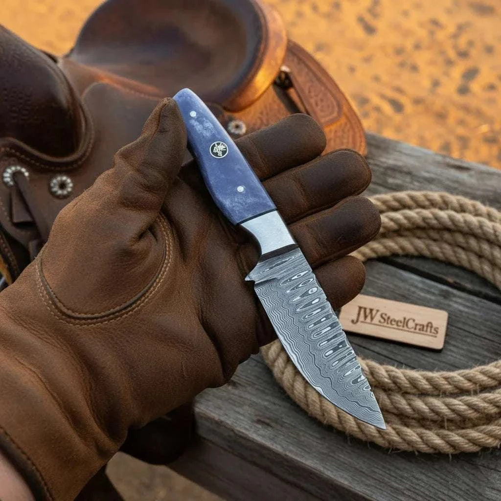Palmarius Outdoors Patriot Ridge Skinner Knife 8" Premium Damascus with Blue Resin Handle Skinner Knife