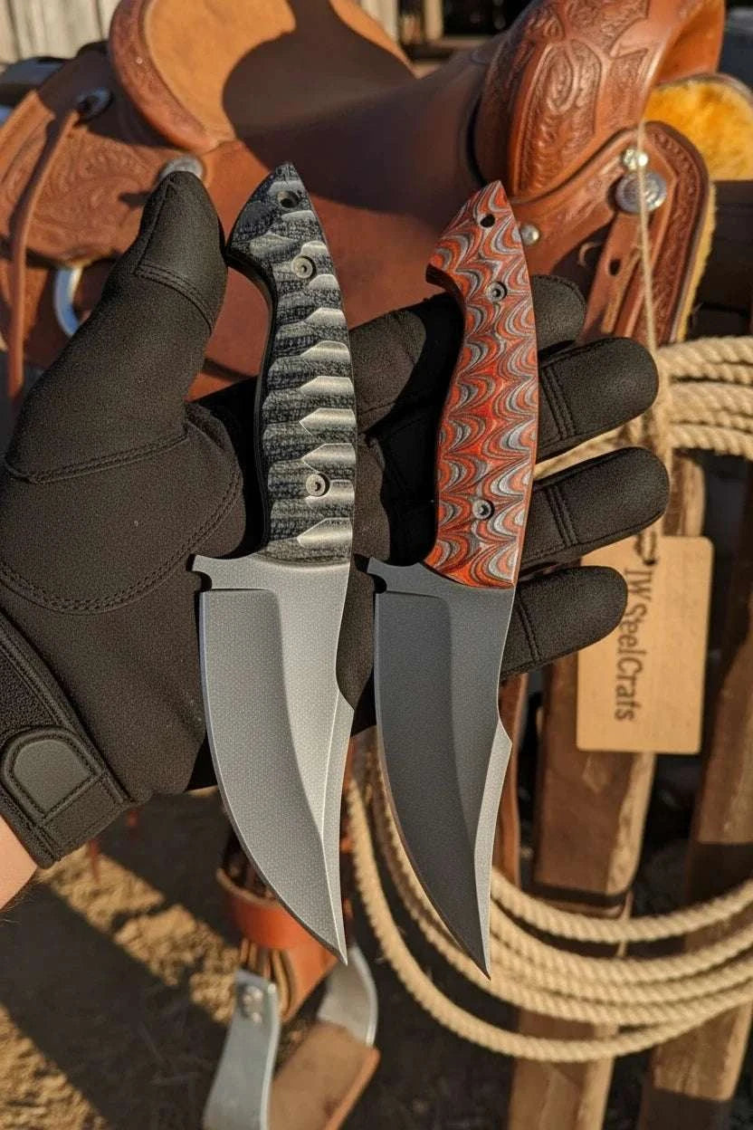 Palmarius Outdoors Black Powder-Coated Skinner Knife Pair 8.5” Damascus Steel Set Skinner Knife