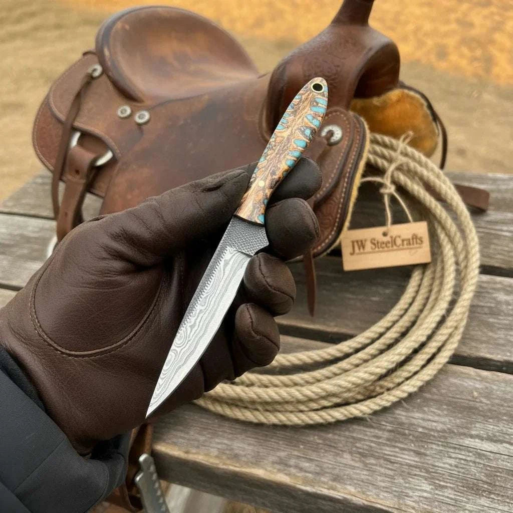 Palmarius Outdoors Saddle Rope Boning Knife 8.5” Handmade Damascus Turquoise & Bone Handle Chef Knife
