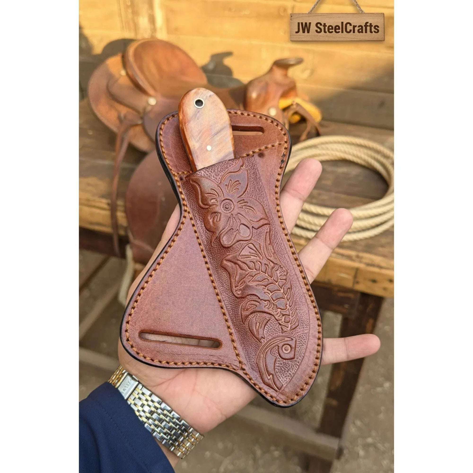 Palmarius Outdoors Dualwood Camp Knife 7" Handmade Pakka and Olive Wood Damascus Handle Hunting Knife