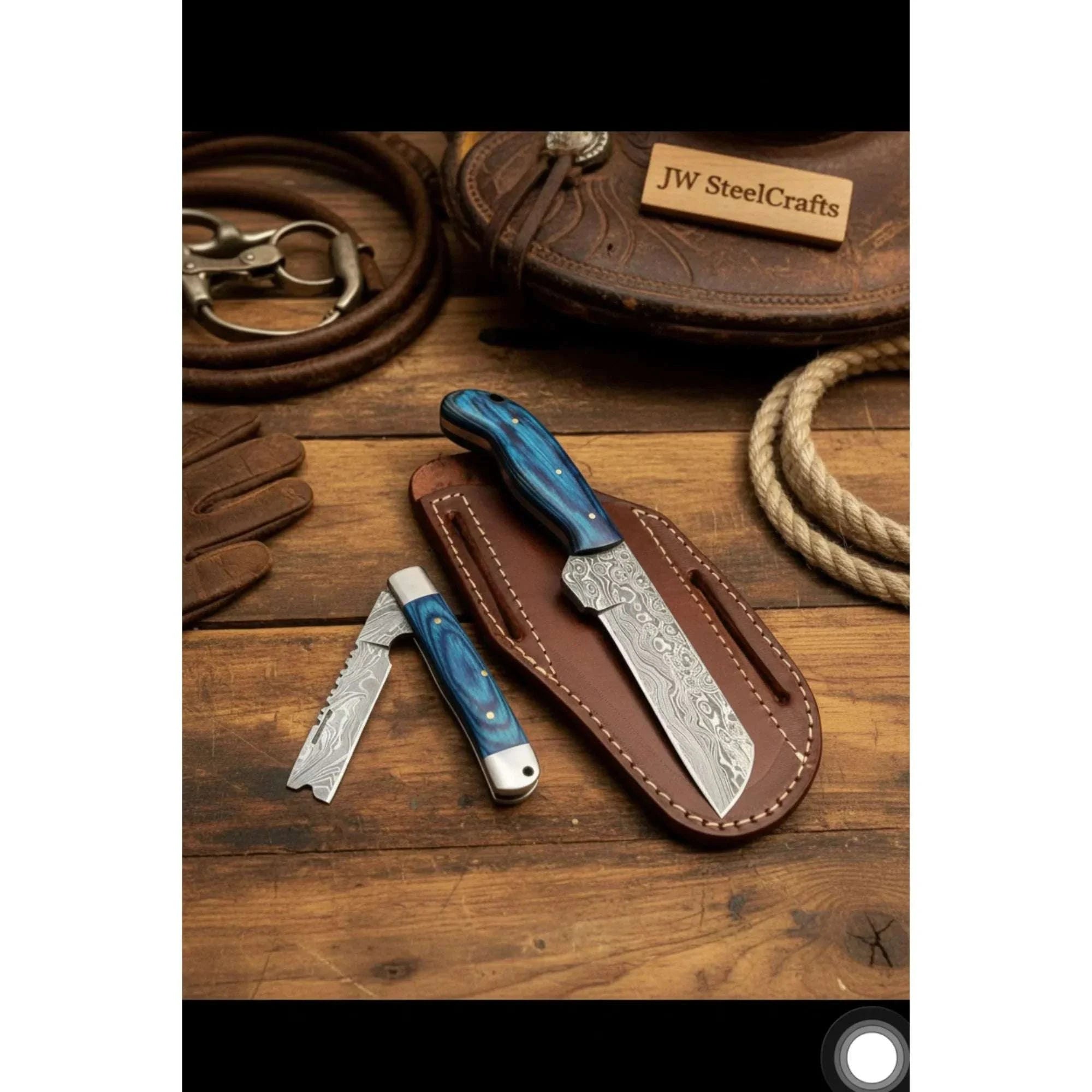 Palmarius Outdoors Pocket Forge Cleaver Knife 8.5" Premium Damascus with Blue Resin Handle Cleaver Knives