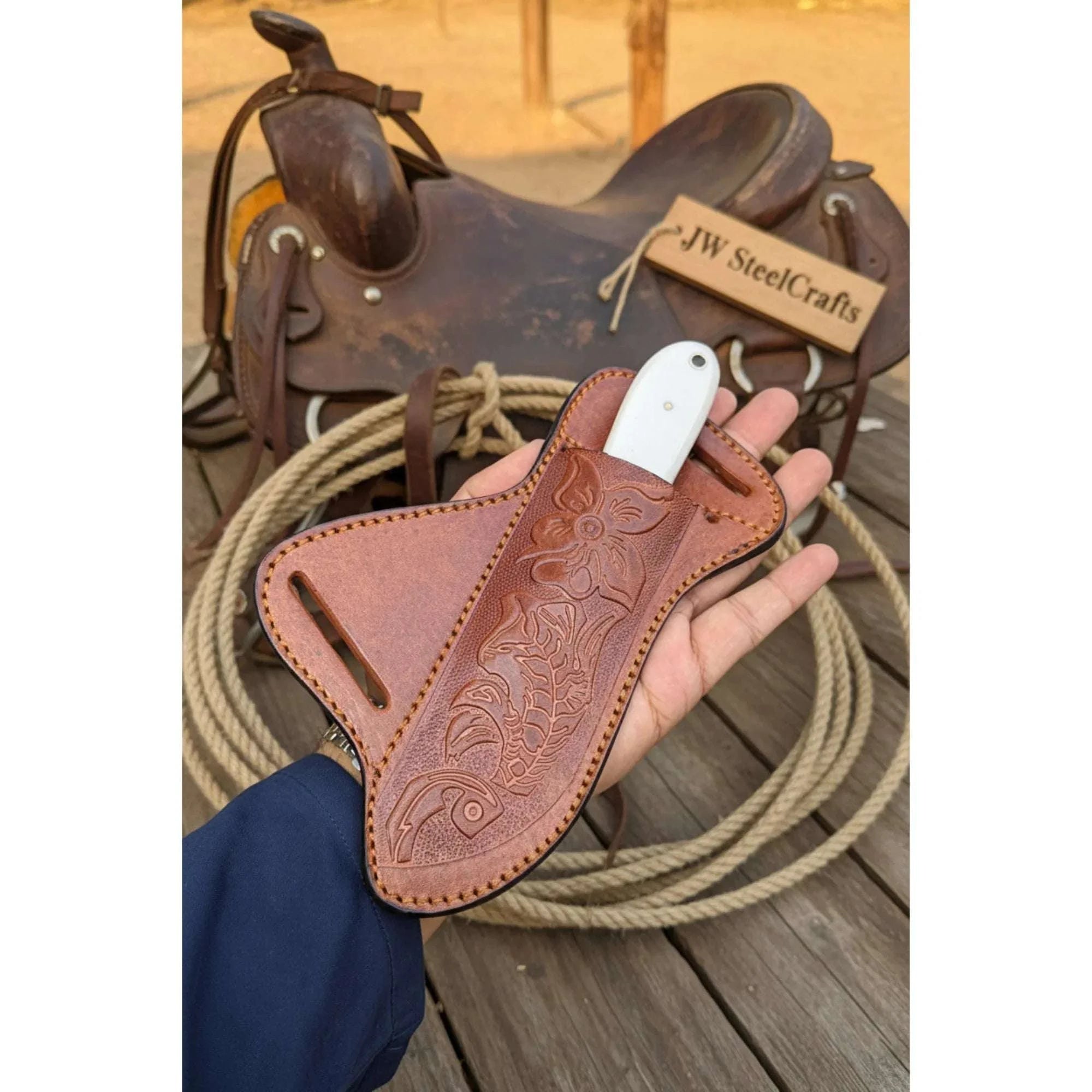 Palmarius Outdoors White Ridge Hunter Knife 8" Handmade Damascus White Bone Handle Hunting Knife
