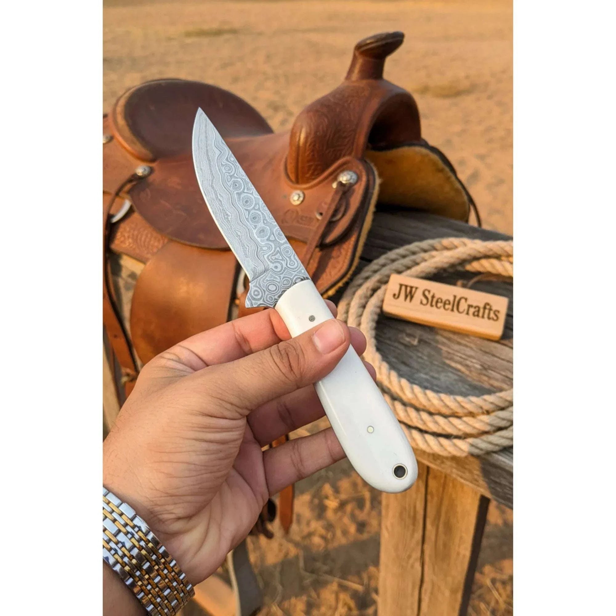 Palmarius Outdoors White Ridge Hunter Knife 8" Handmade Damascus White Bone Handle Hunting Knife