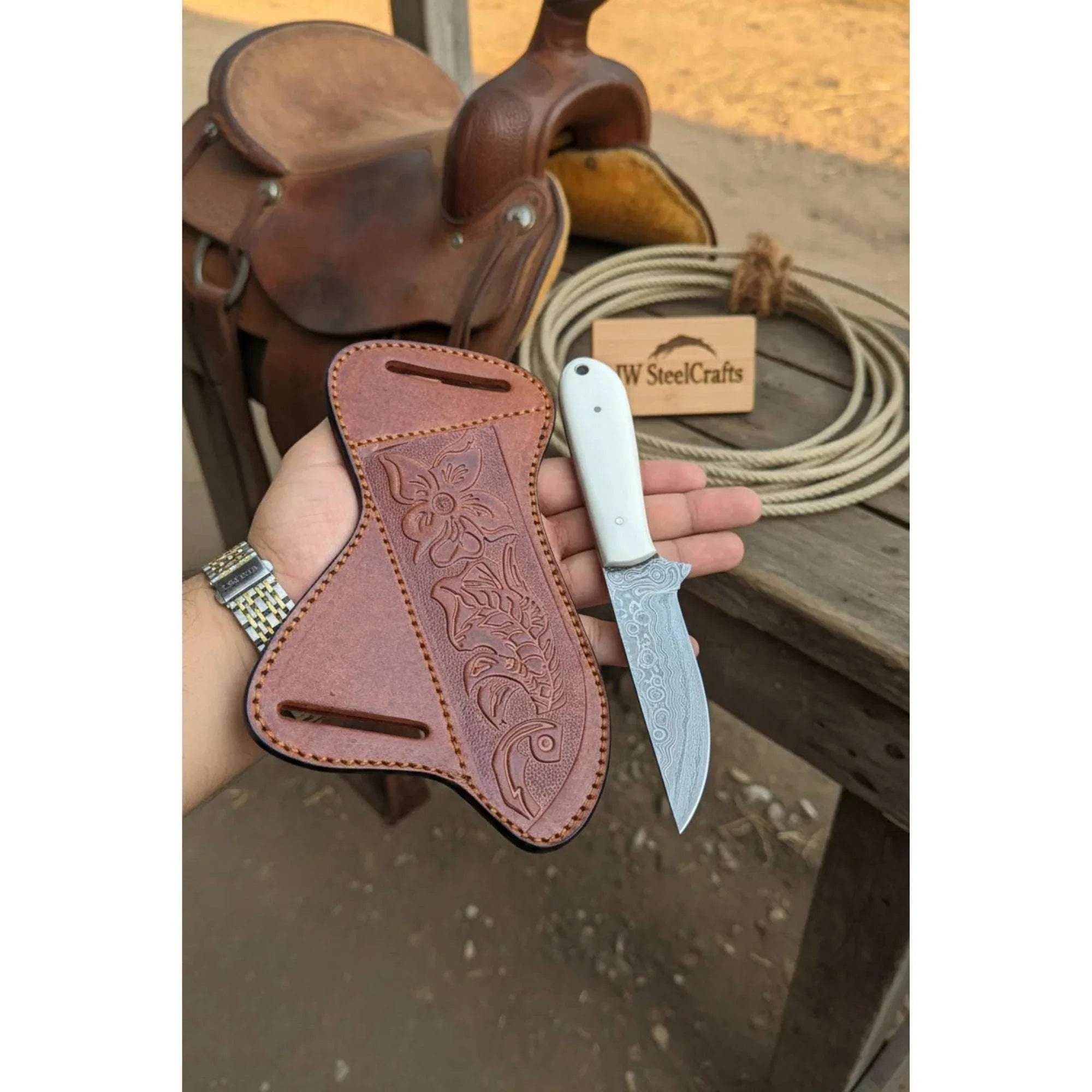 Palmarius Outdoors White Ridge Hunter Knife 8" Handmade Damascus White Bone Handle Hunting Knife