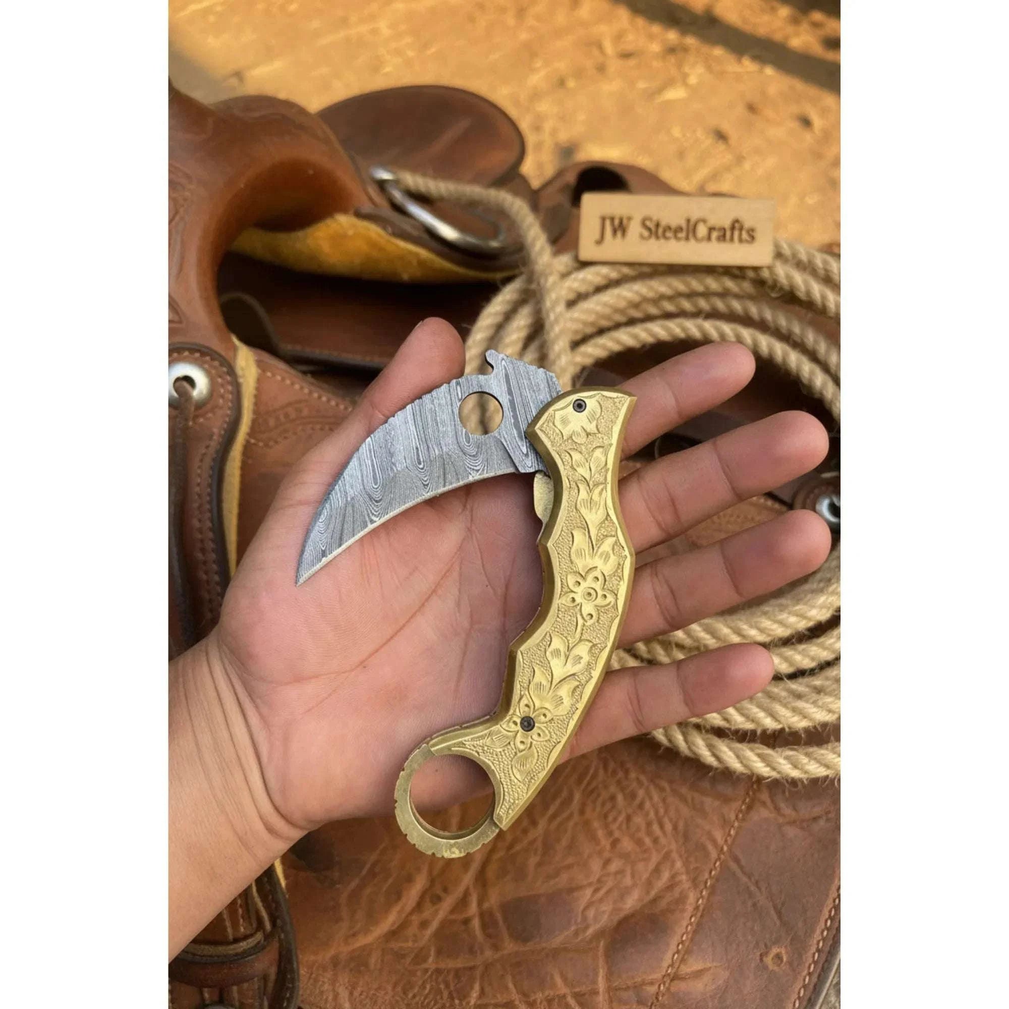 Palmarius Outdoors Goldtalon Ring Folder Knife 6" Handmade Brass Handle Finger Ring | JW Steelcrafts Folding Knife