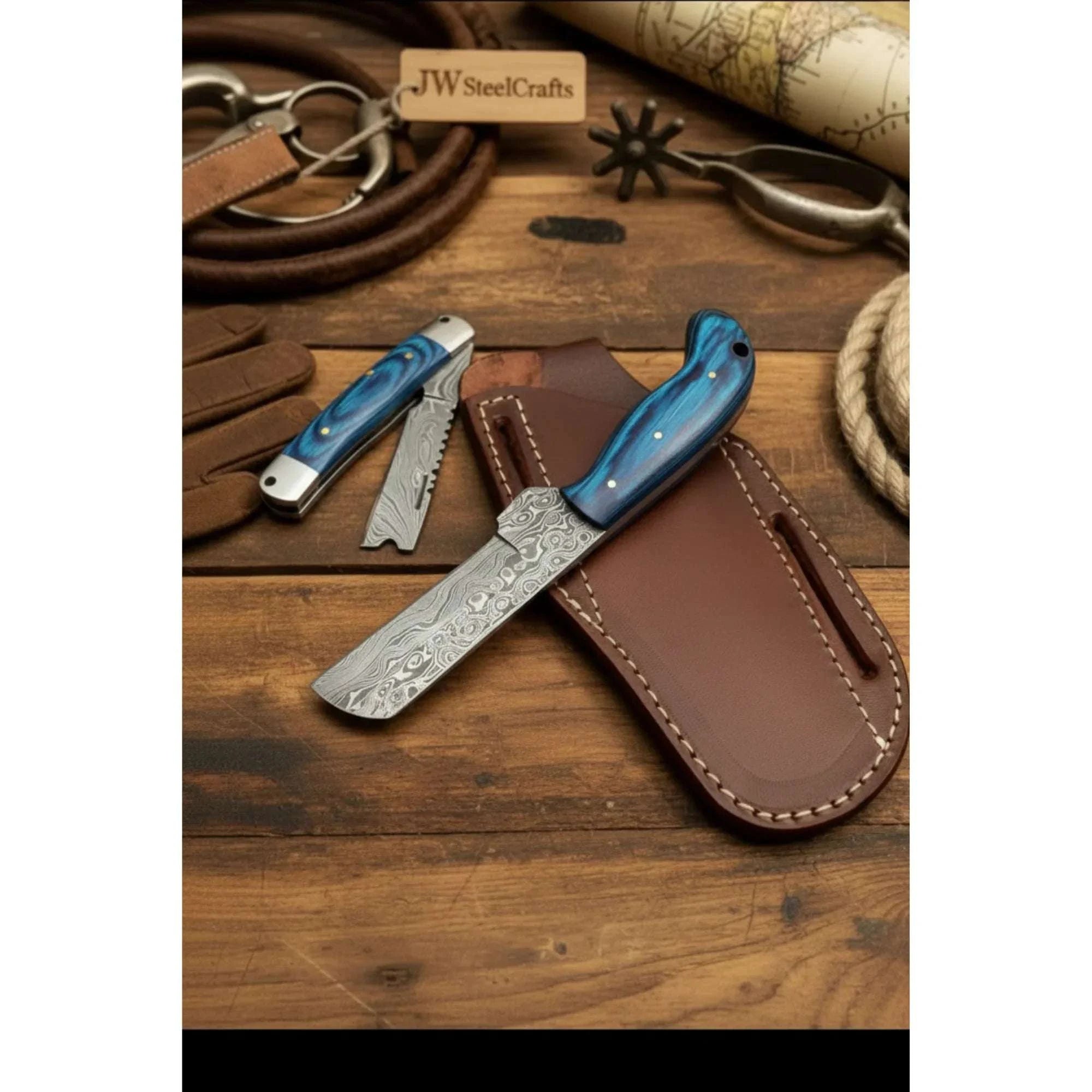 Palmarius Outdoors Pocket Forge Cleaver Knife 8.5" Premium Damascus with Blue Resin Handle Cleaver Knives