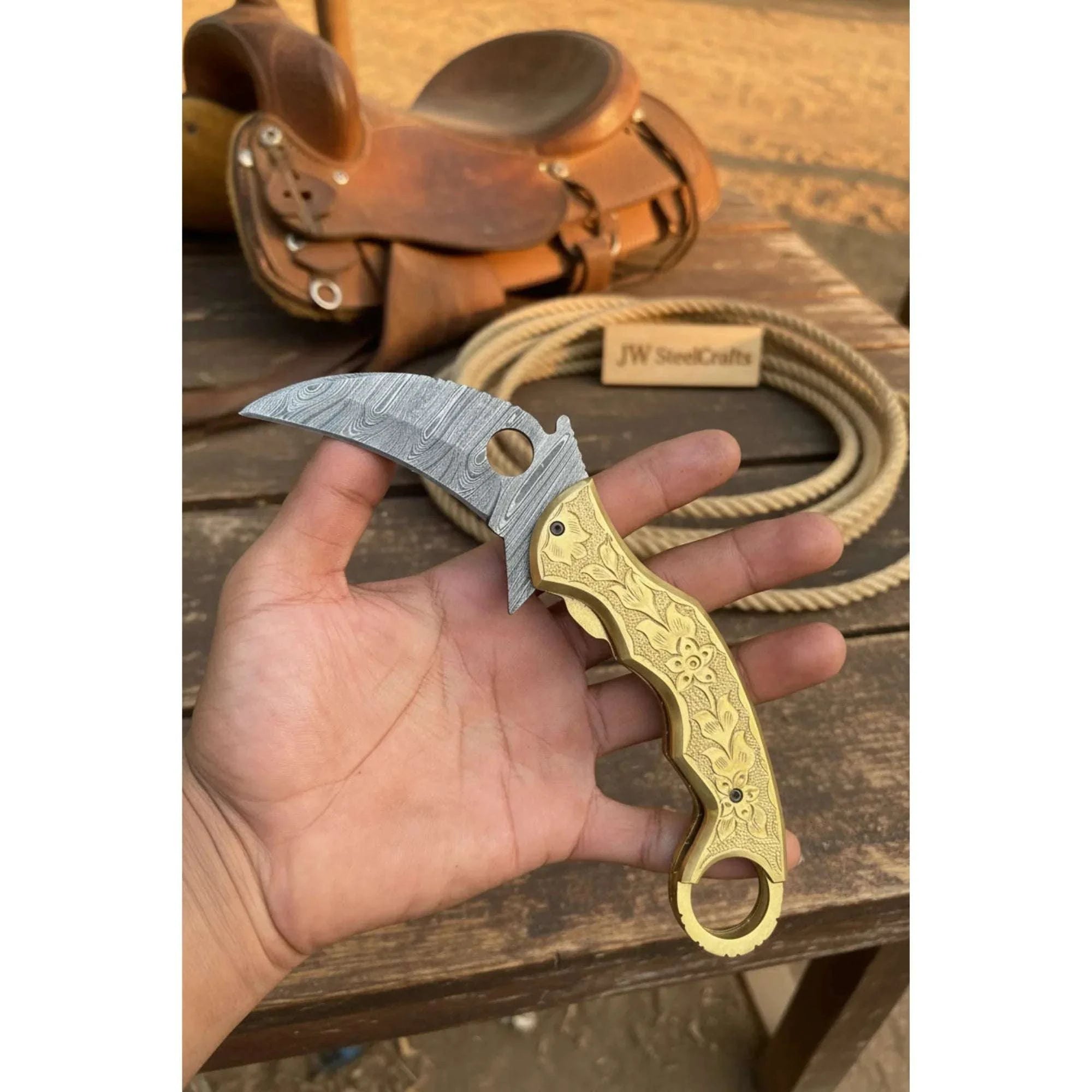 Palmarius Outdoors Goldtalon Ring Folder Knife 6" Handmade Brass Handle Finger Ring | JW Steelcrafts Folding Knife