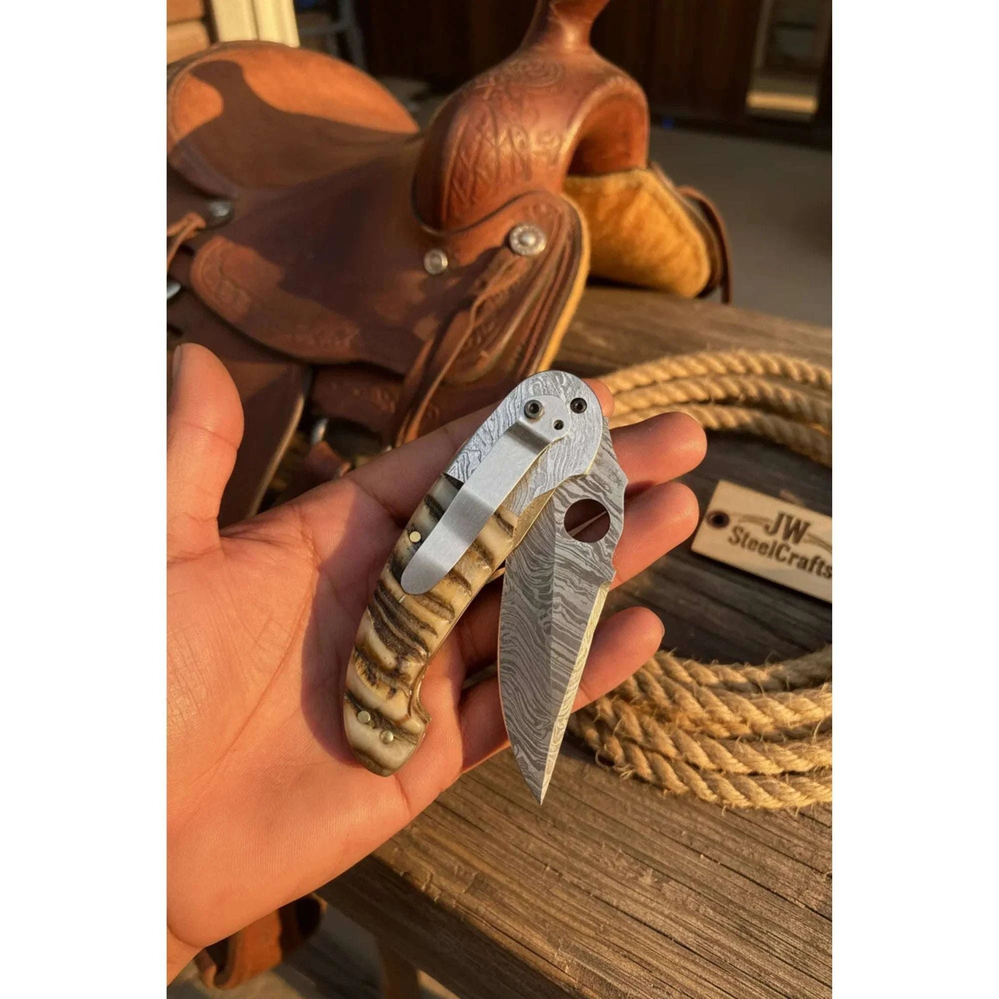 Palmarius Outdoors Talonclaw Damascus Folder Knife 7" Handmade Paracord Wrapped Liner Lock Folding Knife