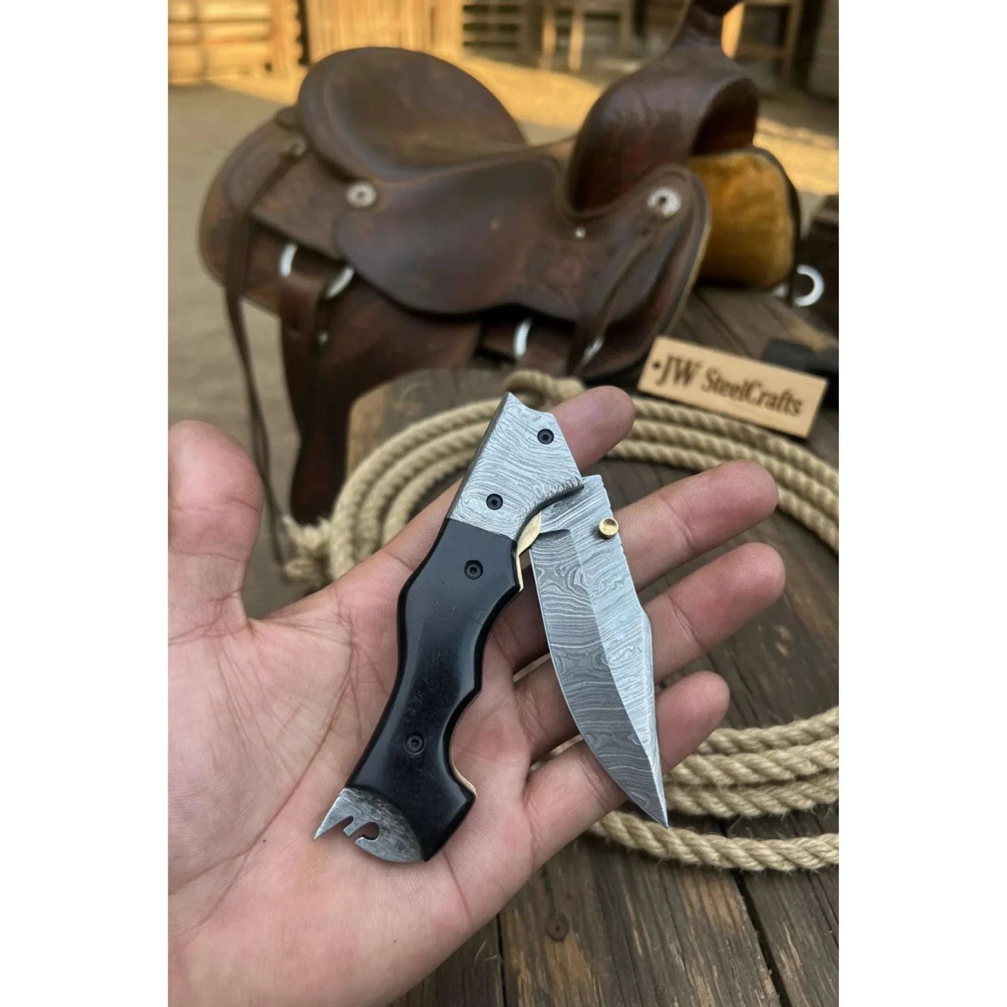 Palmarius Outdoors Blacktanto Ridge Folder Knife 8" Handmade Damascus Micarta Handle Folding Knife