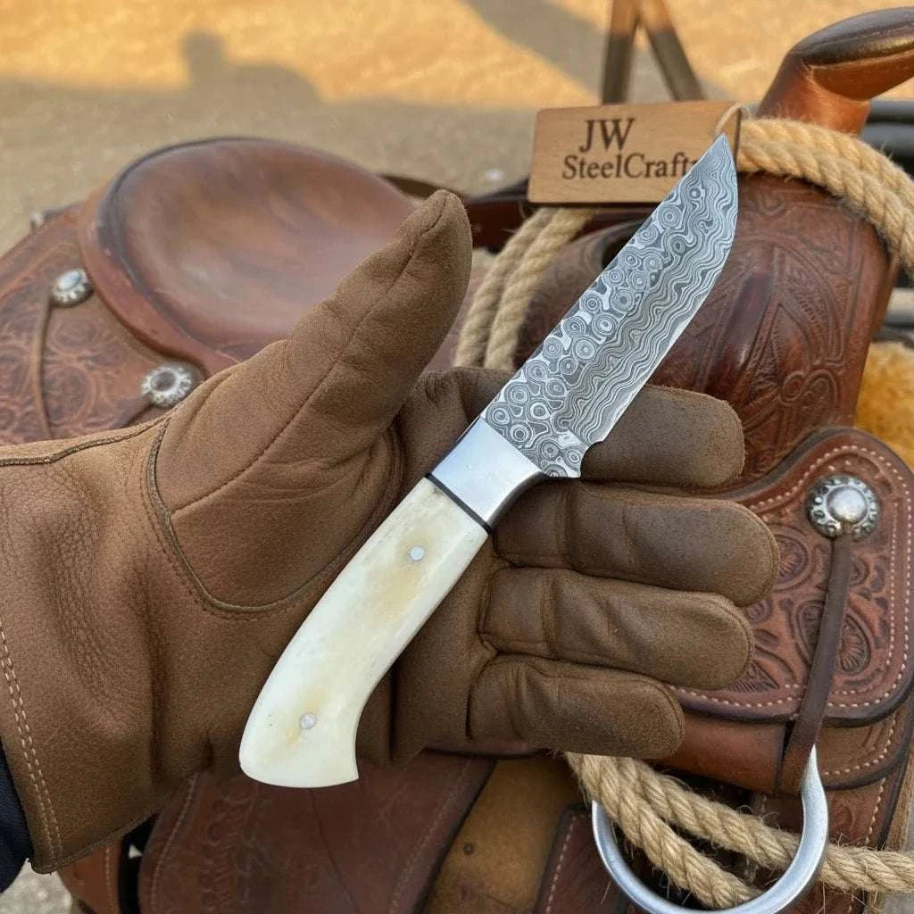 Palmarius Outdoors Saddle Rasp Ranch Blade 9" Premium Damascus Steel with White Bone Handle 