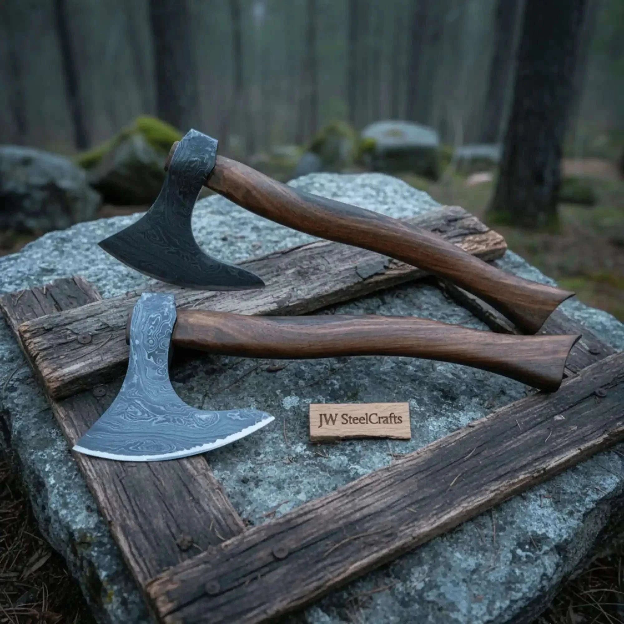 Palmarius Outdoors Damascus Skeggøx Bearded Axe Set with Two Matched Forged Heads Handmade Axe