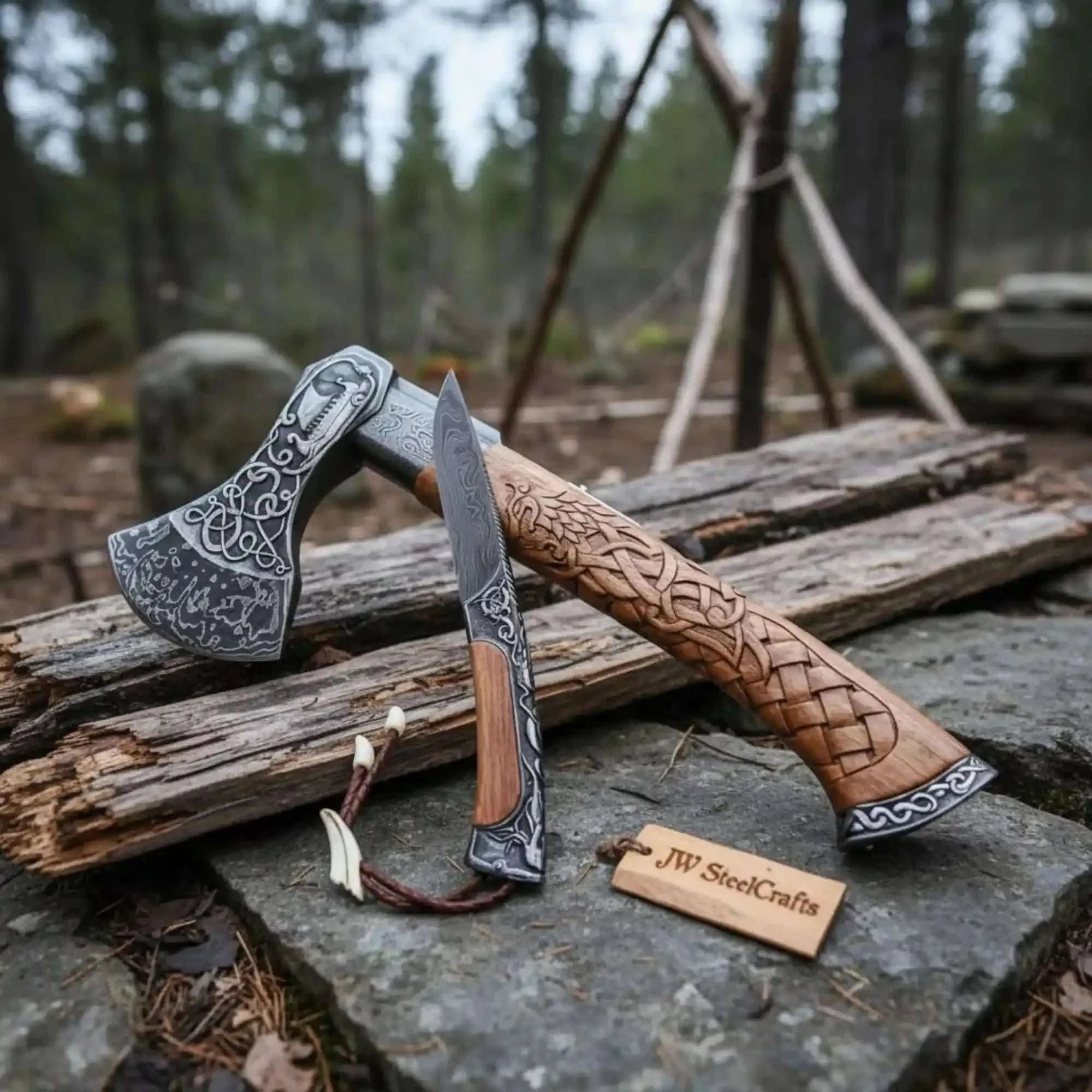 Palmarius Outdoors Wolf's Fang Viking Axe & Knife Set with Carved Hardwood Handle Handmade Axe