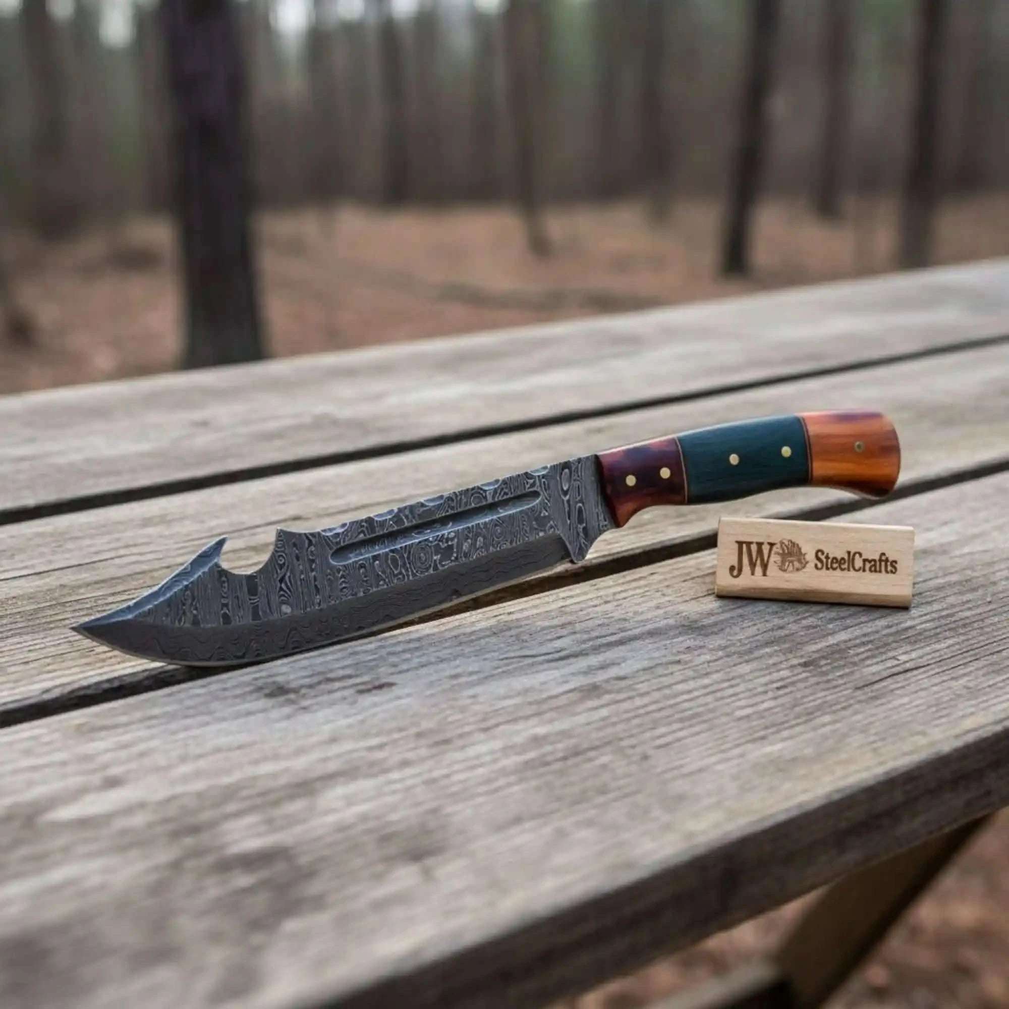 Palmarius Outdoors Handcrafted Damascus Harpoon Point Bowie Knife with Colored Bone Handle Coffin Handle Bowie Knives