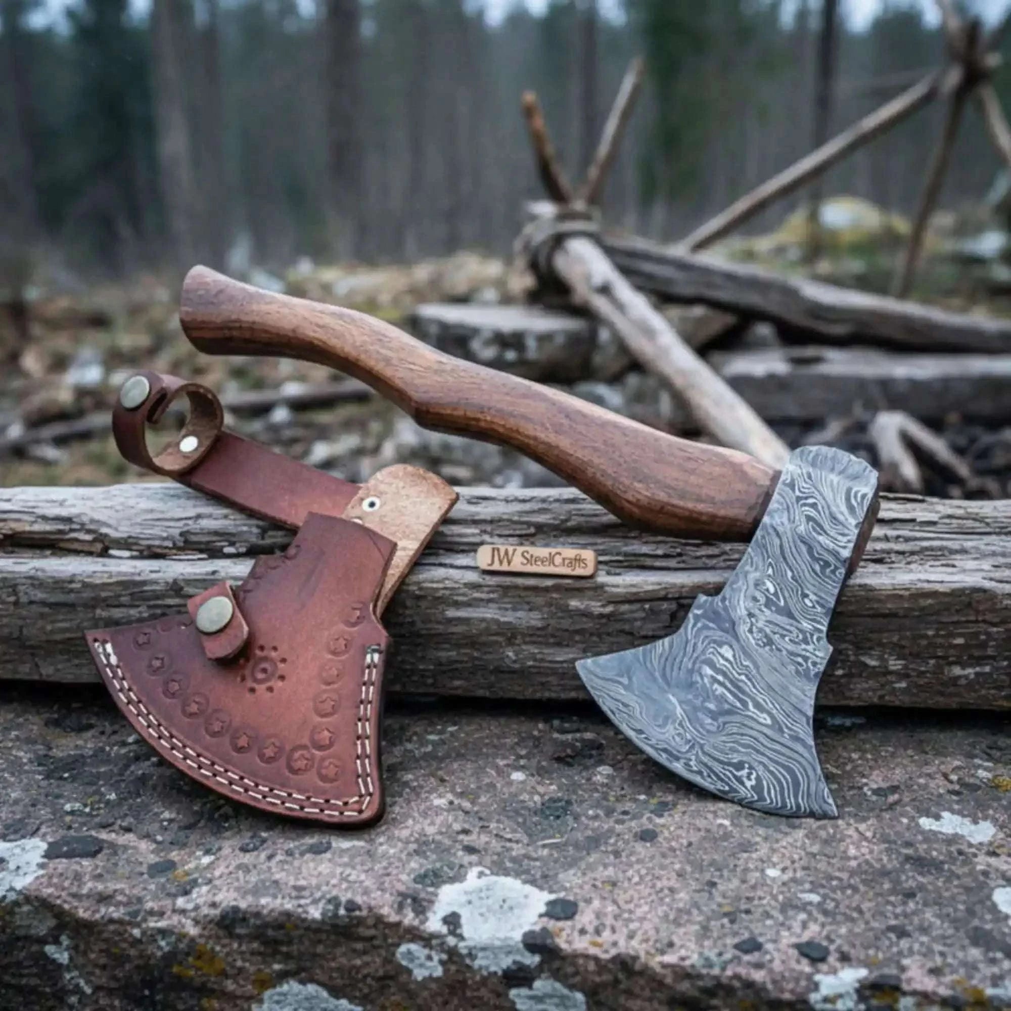 Palmarius Outdoors Damascus Scandinavian Carving Axe with Curved Hardwood Handle Handmade Axe